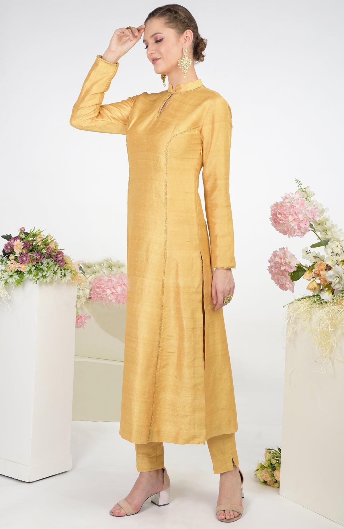 Gold raw silk kurta set with zardozi hand embroidery.