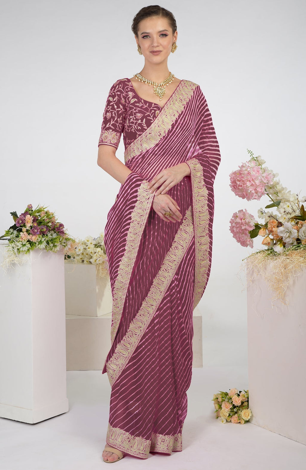 Burgundy purple chiffon saree with Kashmiri silver tilla aari paisley embroidery and matching blouse.