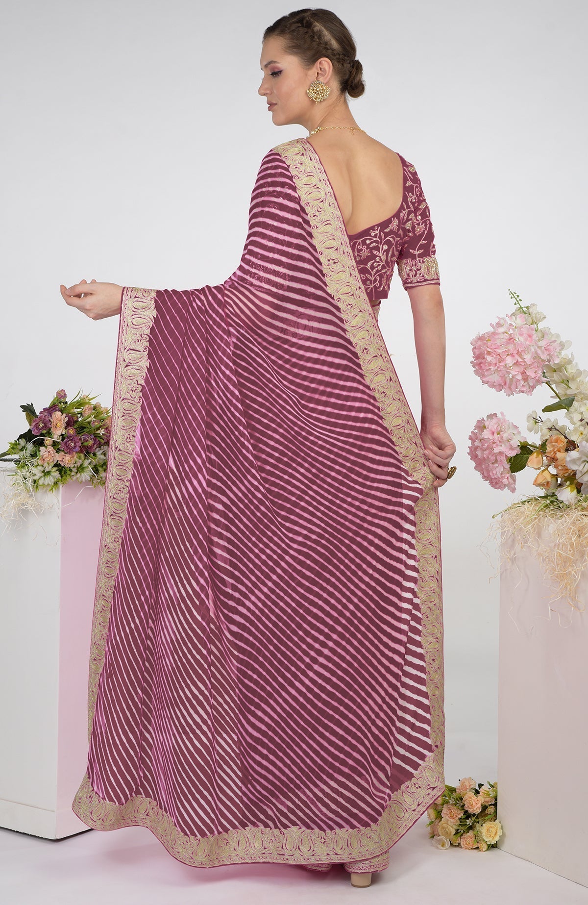 Burgundy purple chiffon saree with leheriya pattern and silver Kashmiri paisley tilla aari embroidery