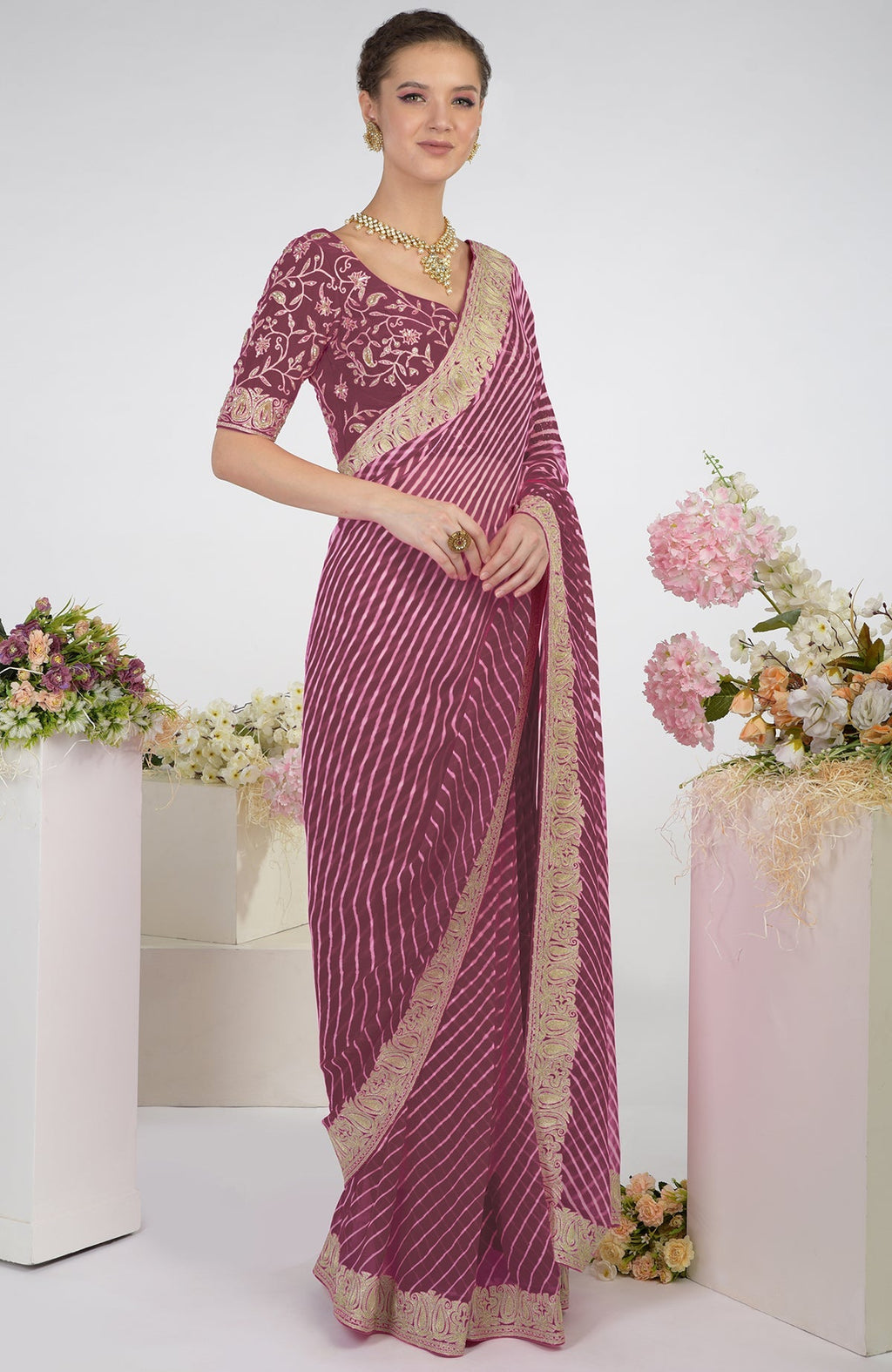 Burgundy purple chiffon saree with Kashmiri silver tilla aari paisley embroidery and matching blouse