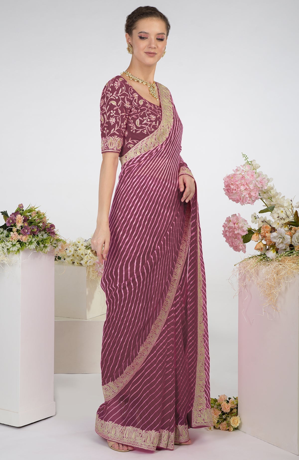 Burgundy purple chiffon saree with leheriya print and silver Kashmiri paisley tilla aari embroidery