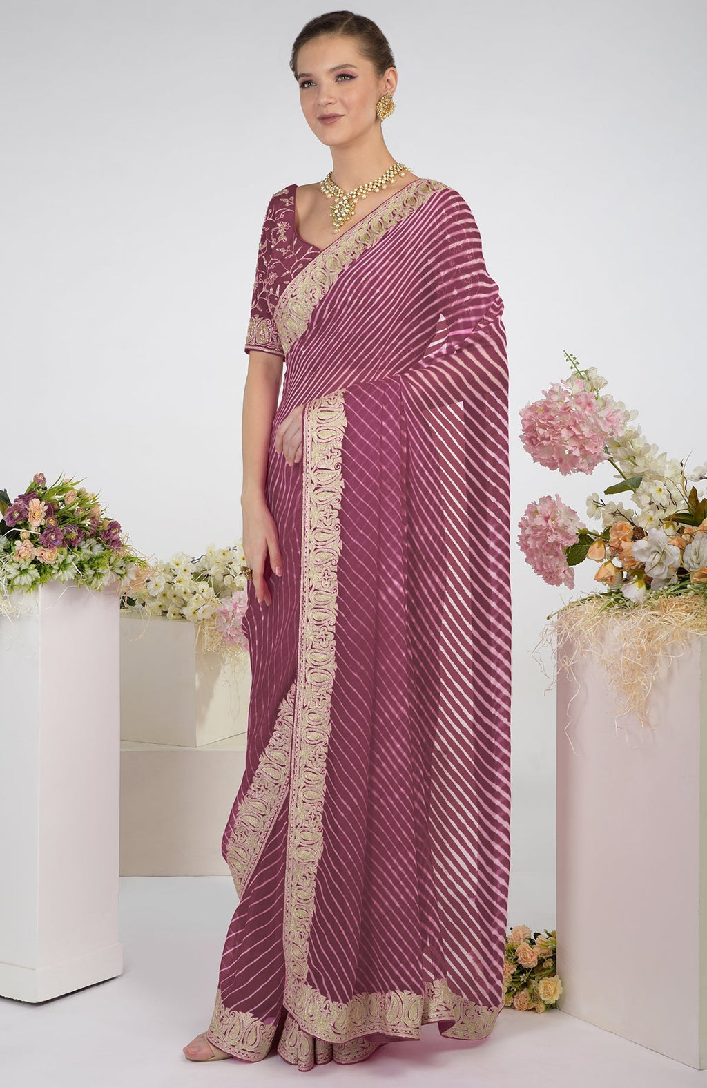 Burgundy purple chiffon saree with Kashmiri paisley tilla aari embroidery and matching blouse