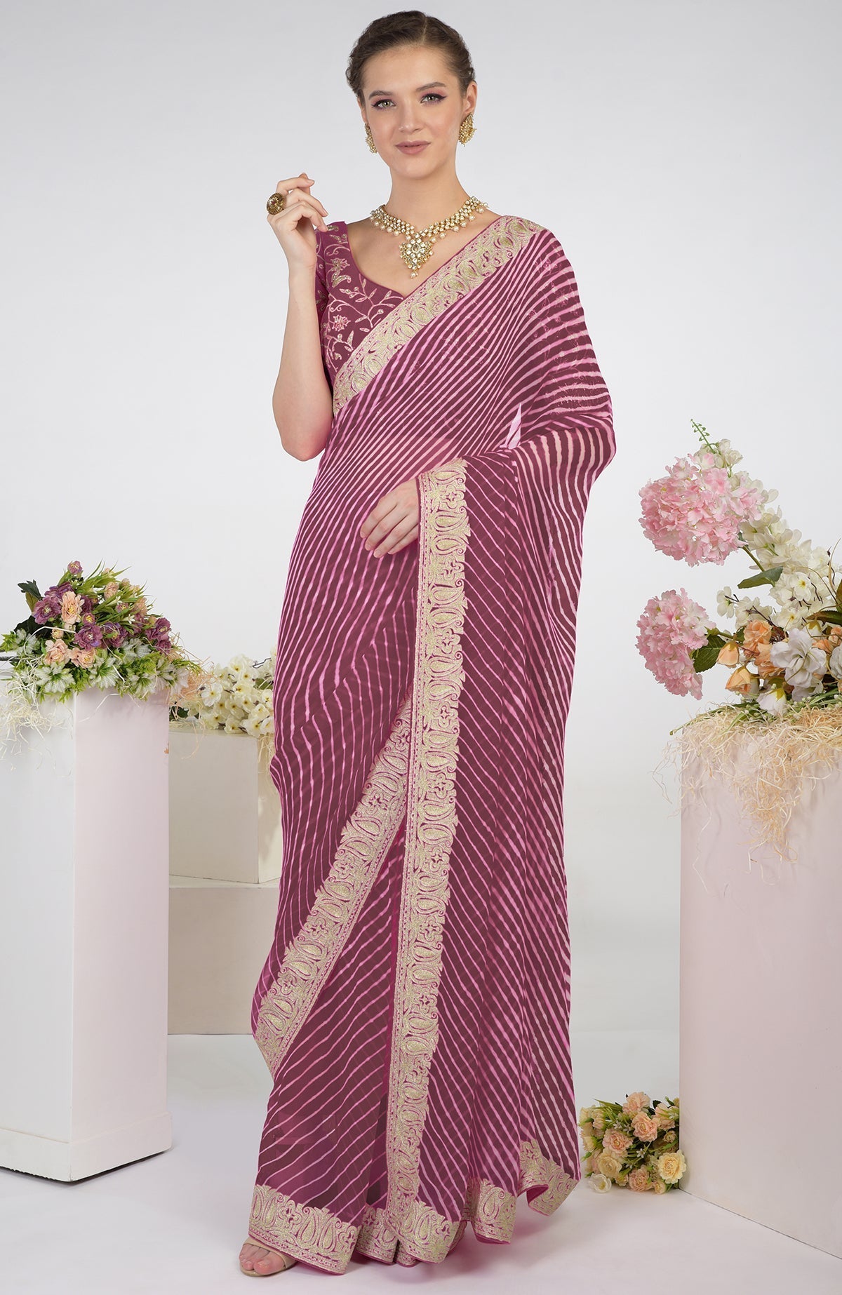 Burgundy purple chiffon saree with leheriya pattern and silver paisley tilla aari embroidery