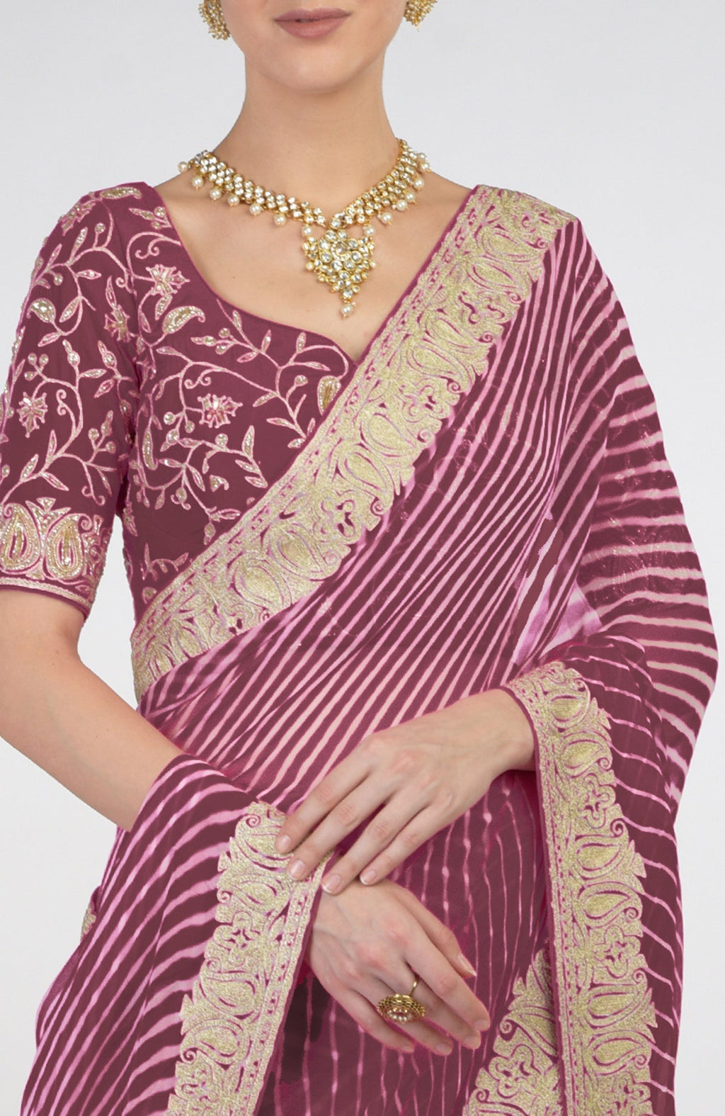 Burgundy purple chiffon saree with Kashmiri silver tilla aari paisley embroidery and matching blouse.
