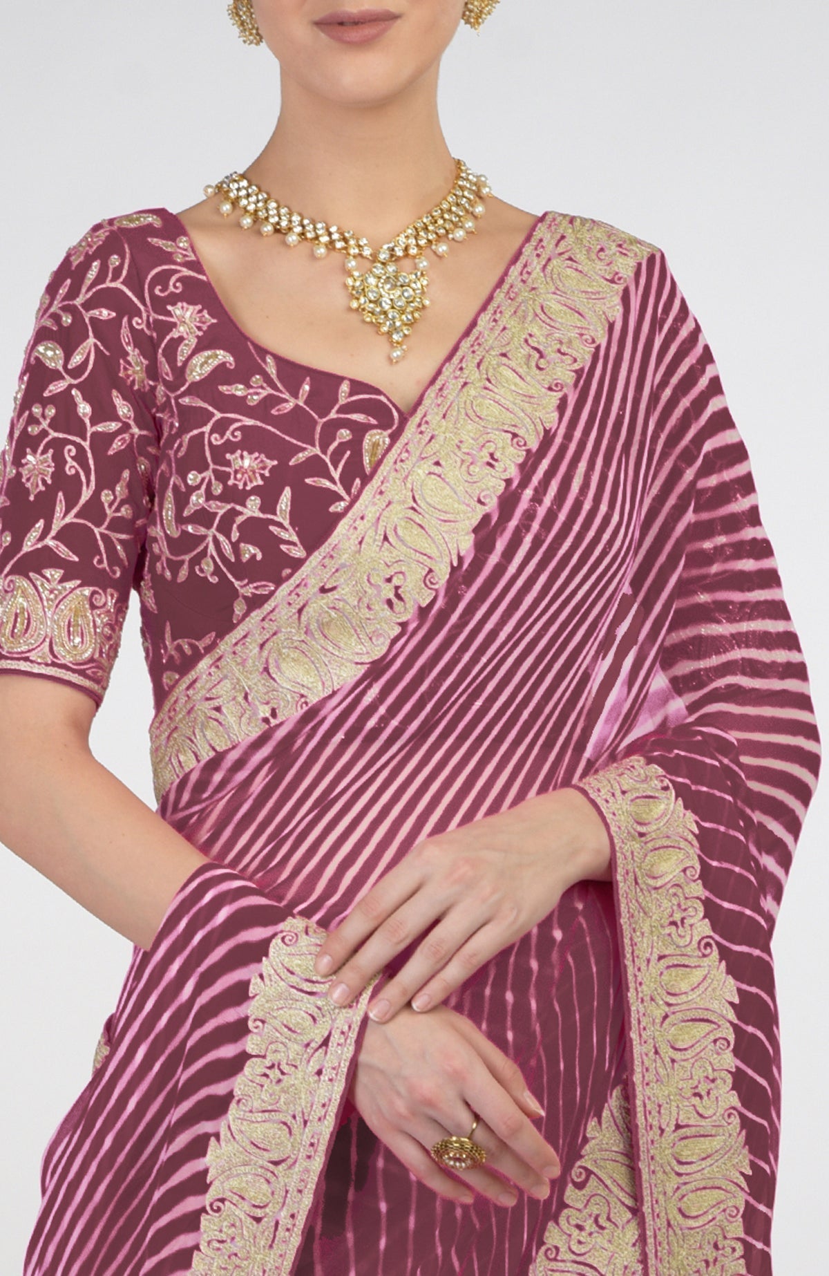 Burgundy purple chiffon saree with Kashmiri silver tilla aari paisley embroidery and matching blouse.