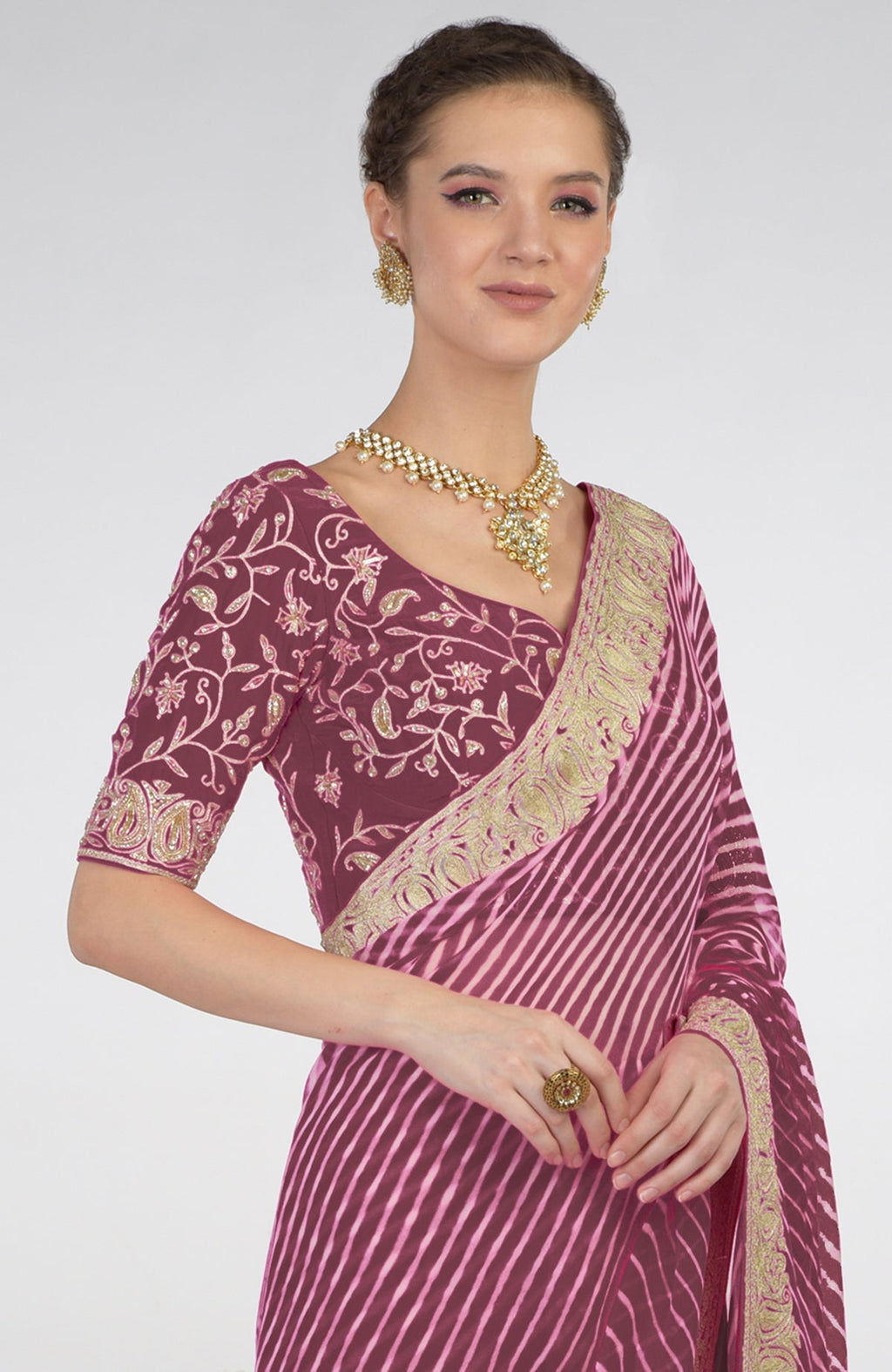 Burgundy purple chiffon saree with leheriya pattern and silver paisley tilla aari embroidery
