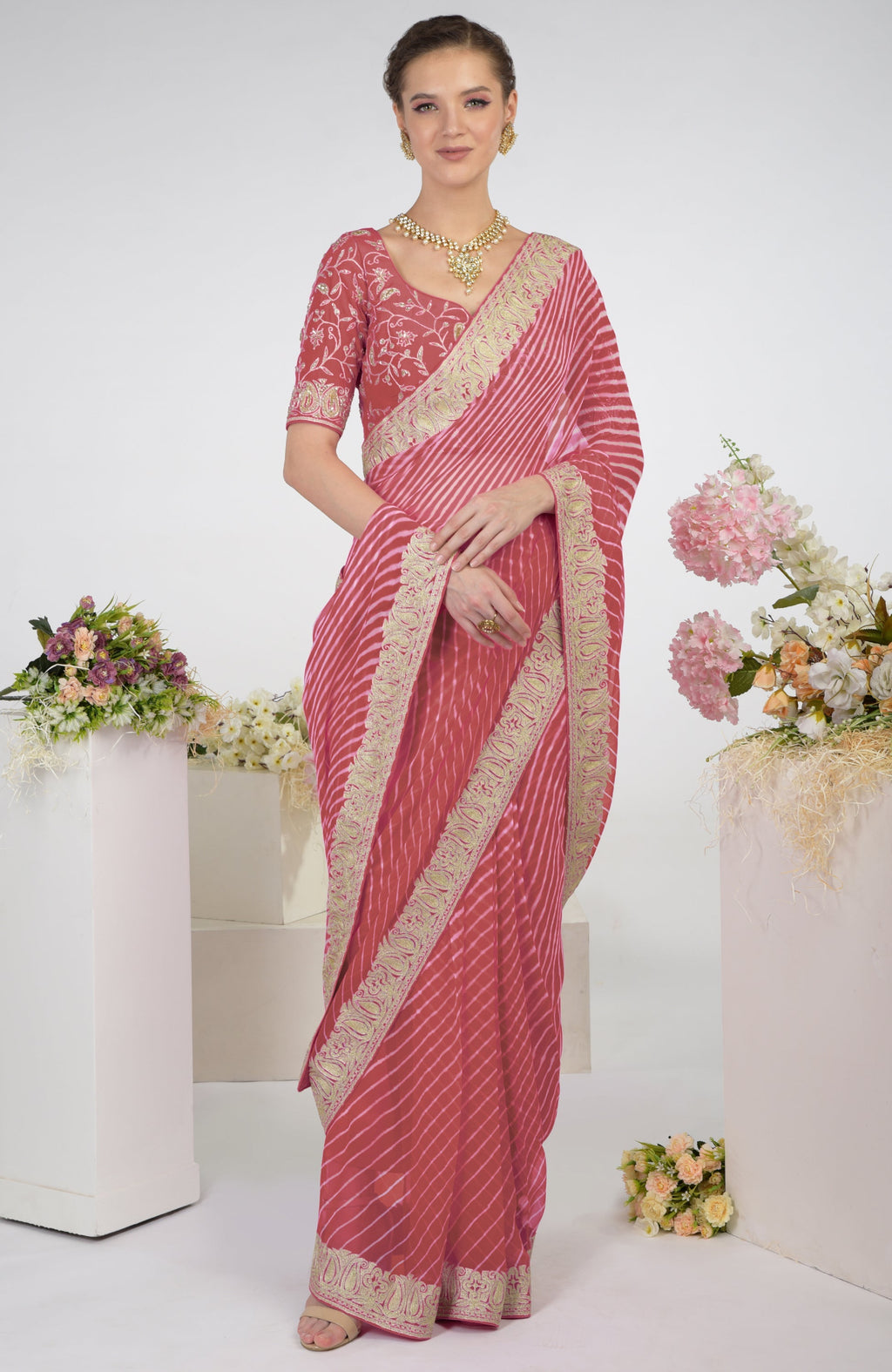 Garnet rose chiffon saree with leheriya print and silver Kashmiri paisley tilla aari embroidery
