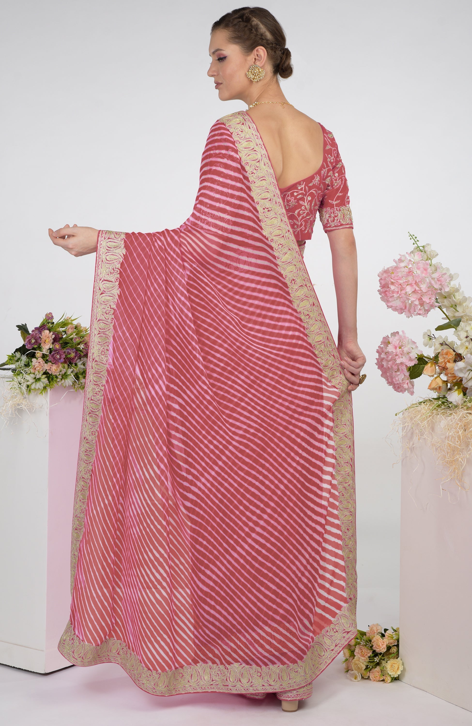 Garnet rose chiffon saree with leheriya print and silver paisley tilla aari embroidery