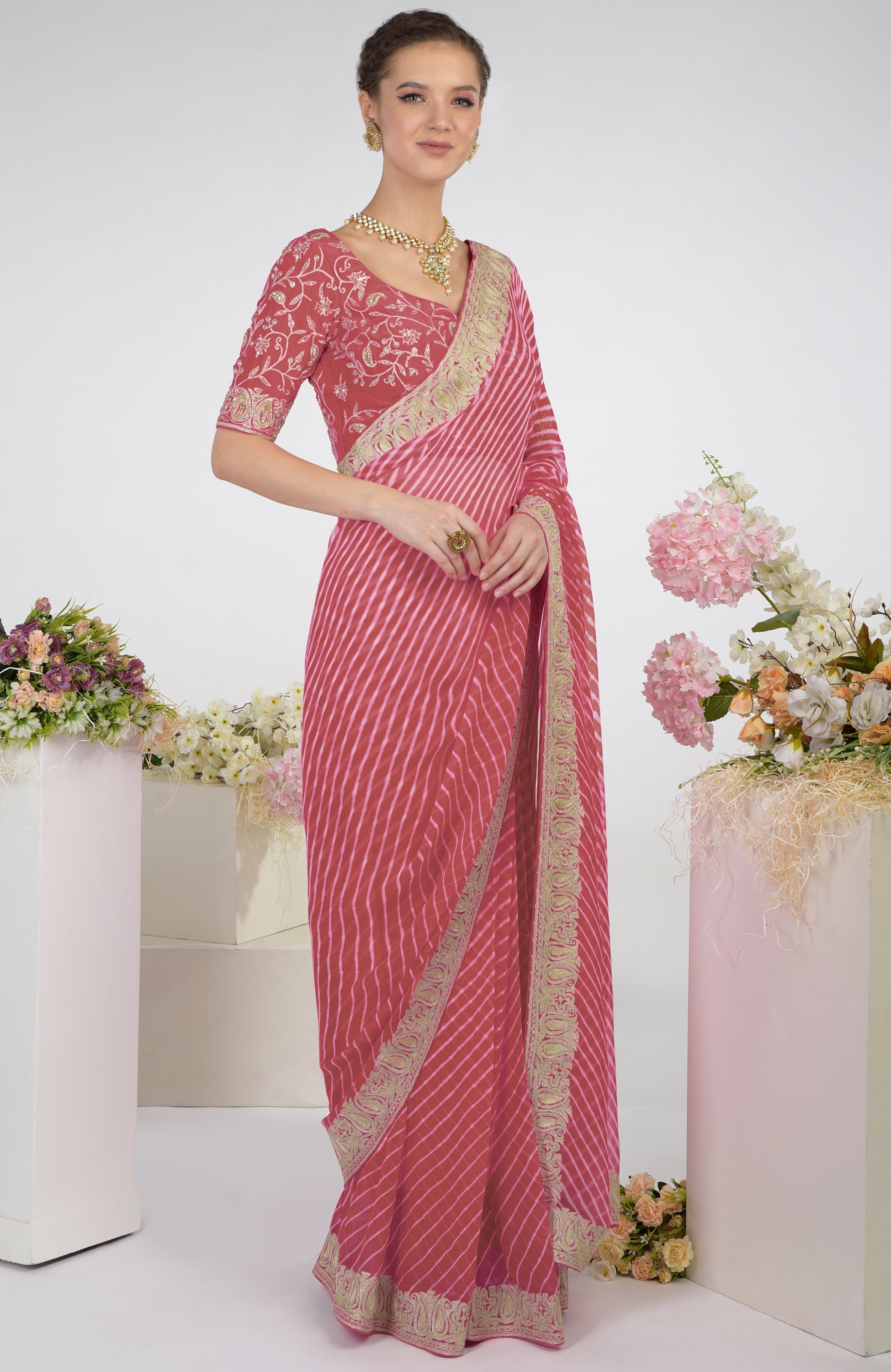 Garnet rose chiffon saree with leheriya pattern and silver paisley Kashmiri tilla aari embroidery.