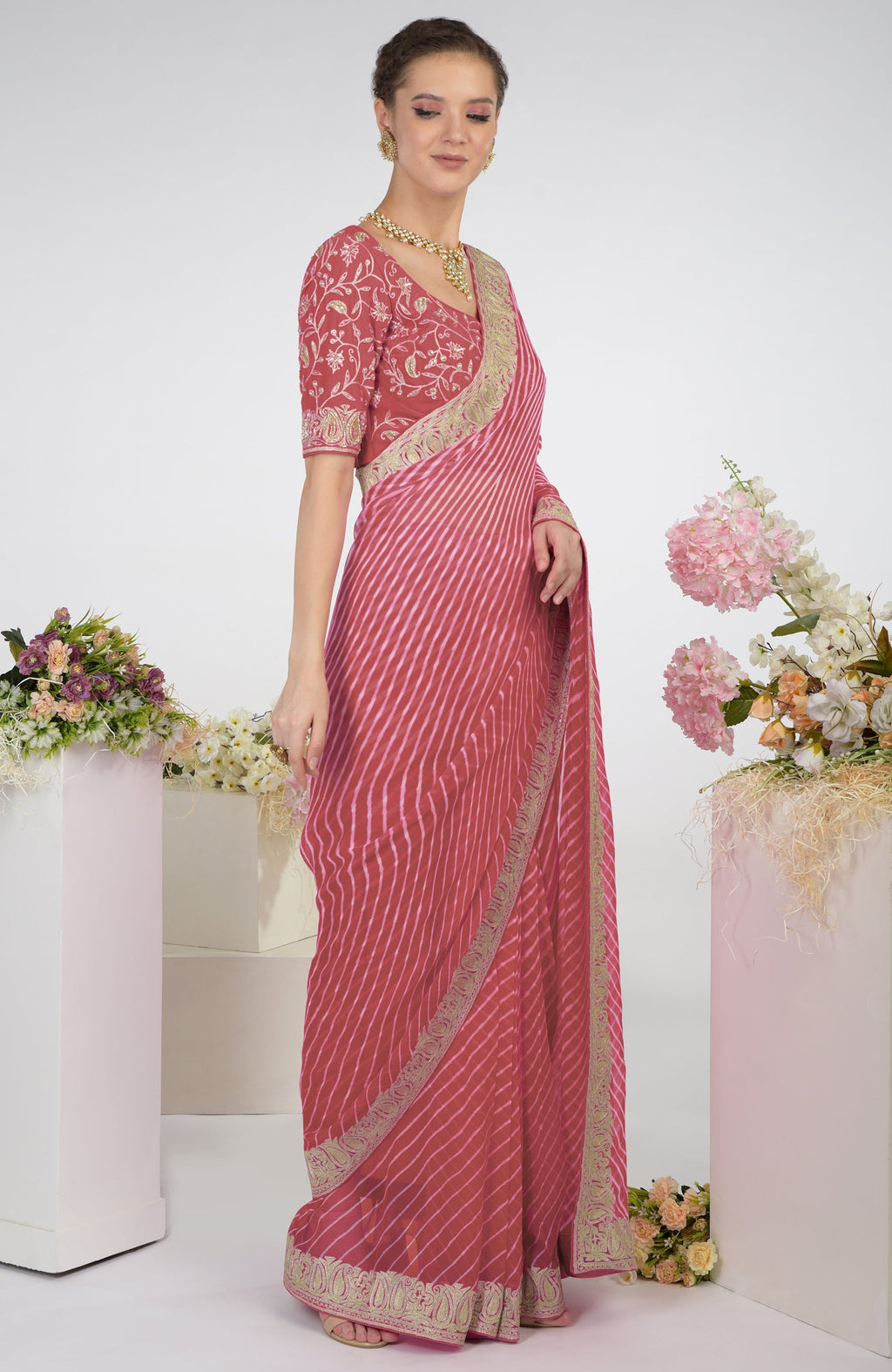Garnet rose chiffon saree with Kashmiri paisley tilla aari embroidery and matching embroidered blouse