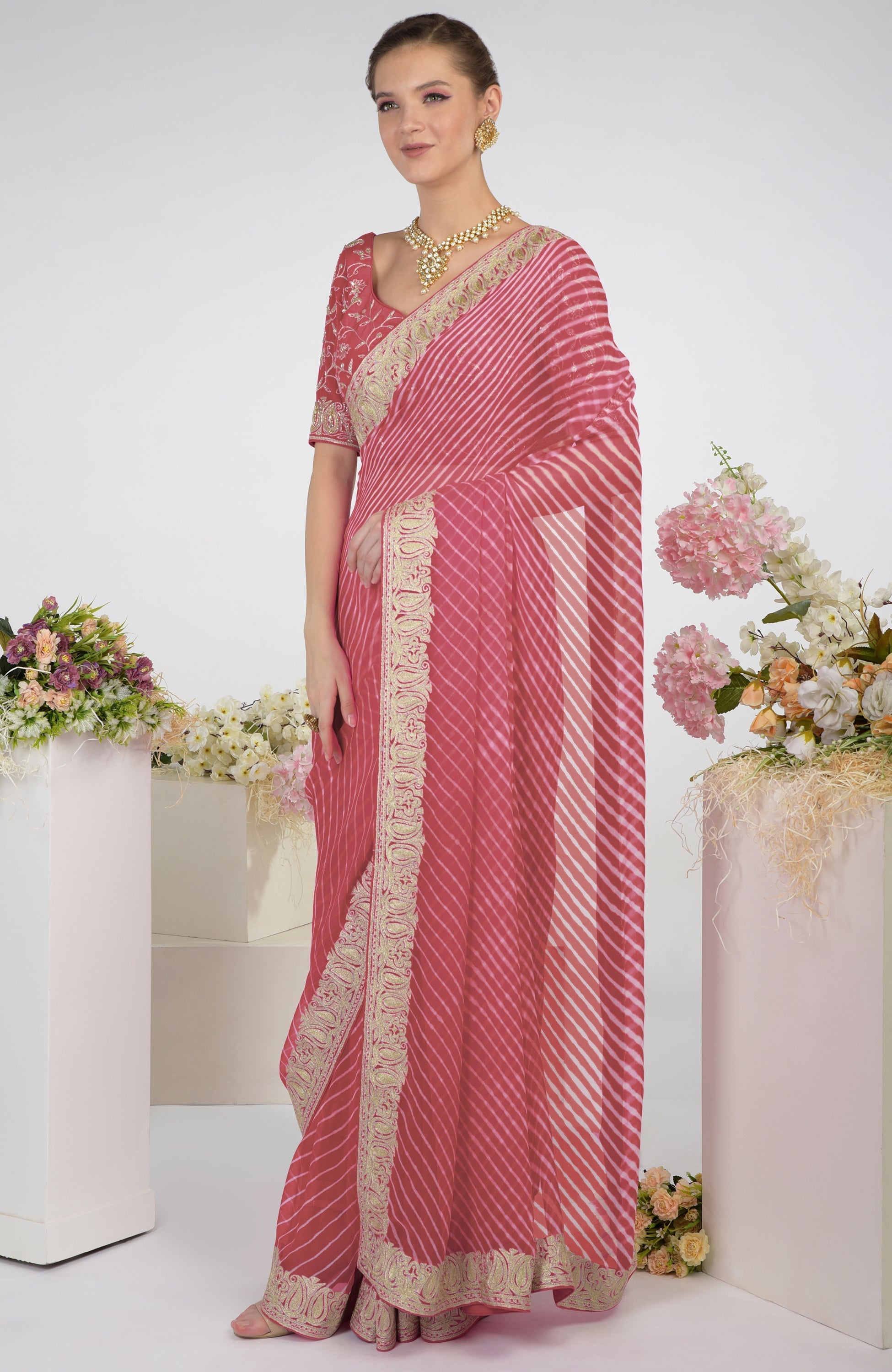 Garnet rose chiffon saree with leheriya pattern and Kashmiri silver paisley tilla aari embroidery