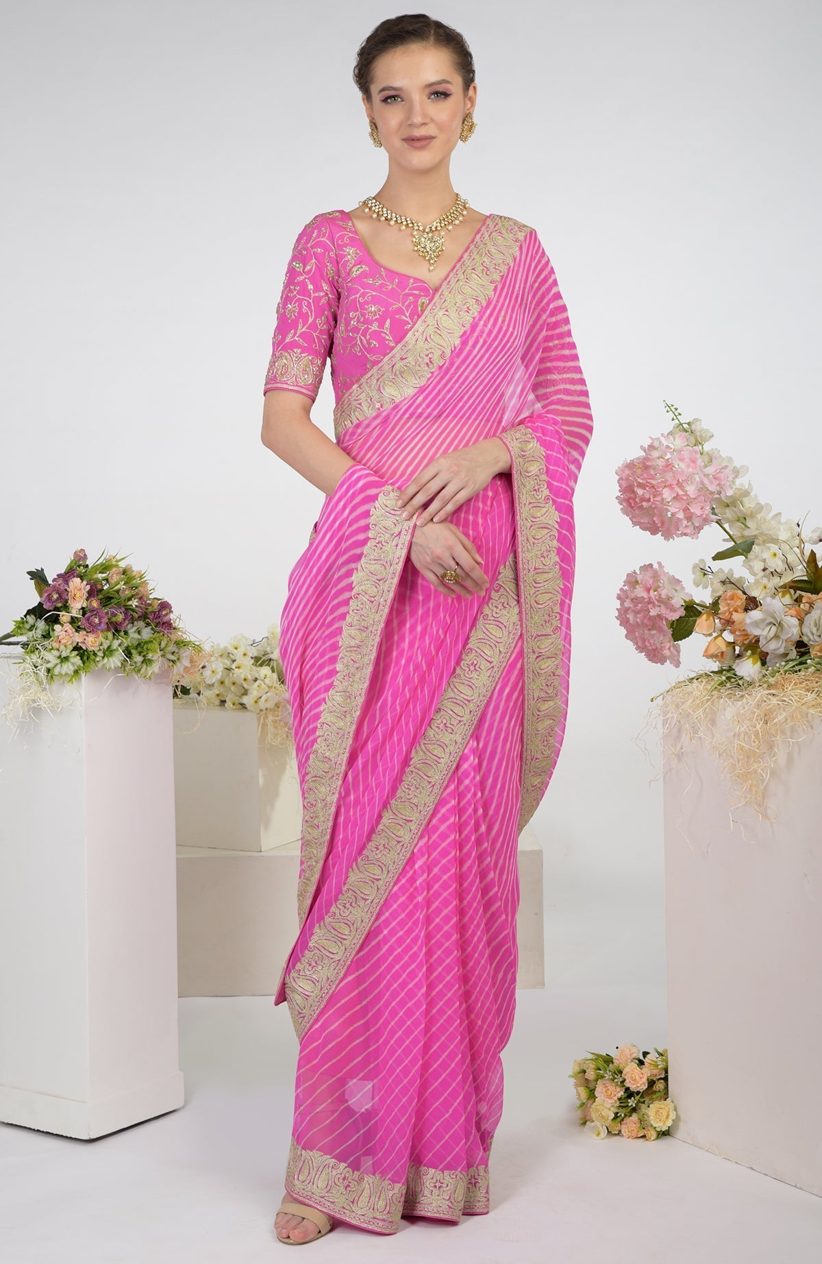 Pink Leheriya Kashmiri Paisley Tilla Aari Embroidered Saree.