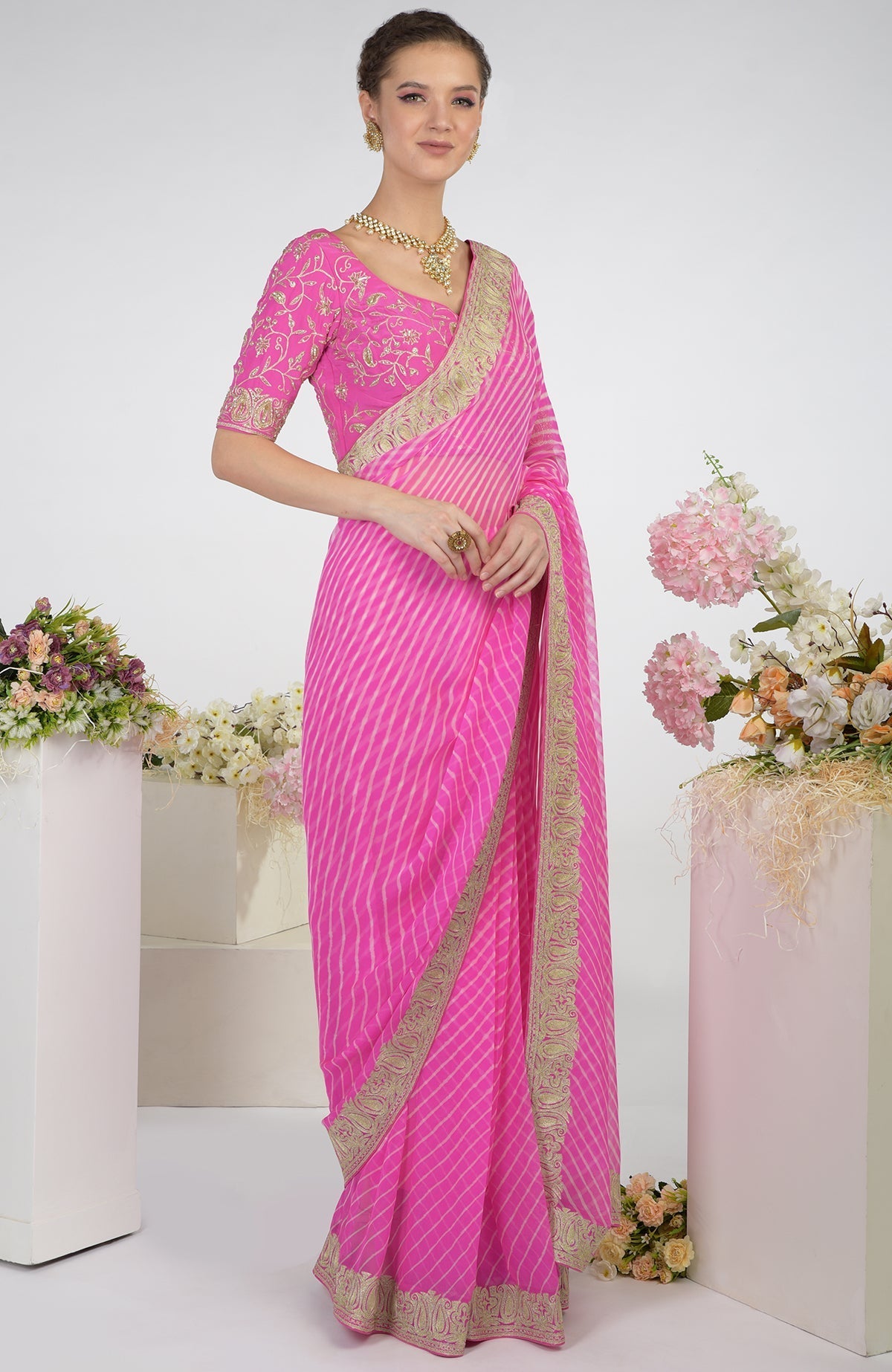 Pink Leheriya Kashmiri Paisley Tilla Aari Embroidered Saree with a matching blouse.