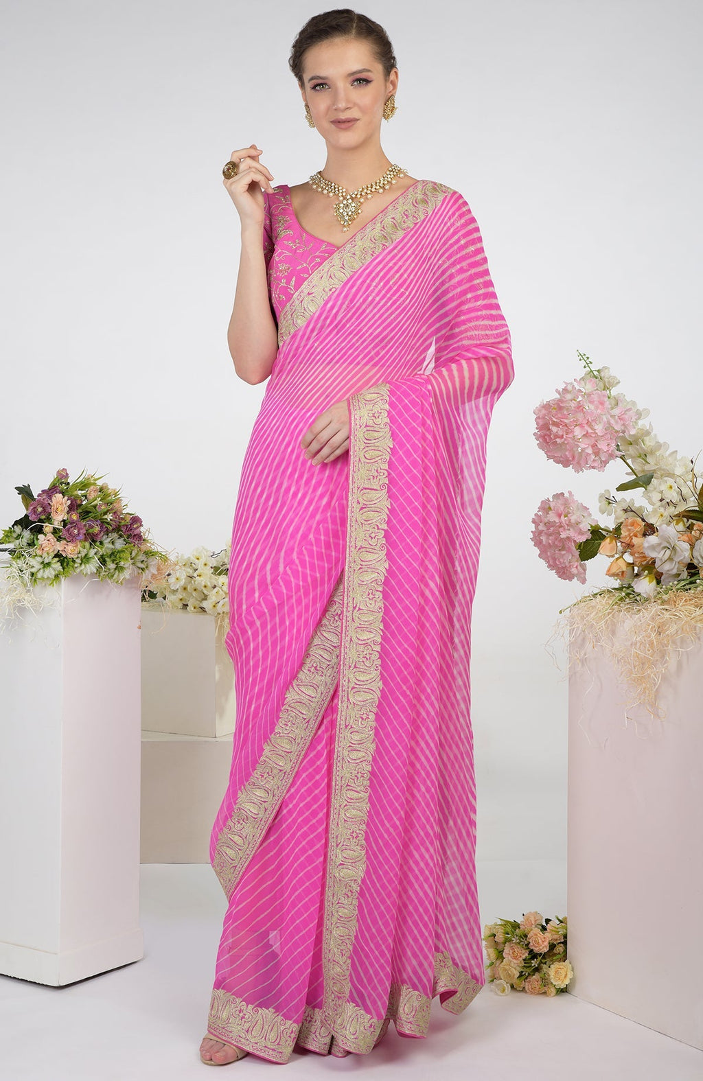 Pink Leheriya Kashmiri Paisley Tilla Aari Embroidered Saree with a matching blouse.