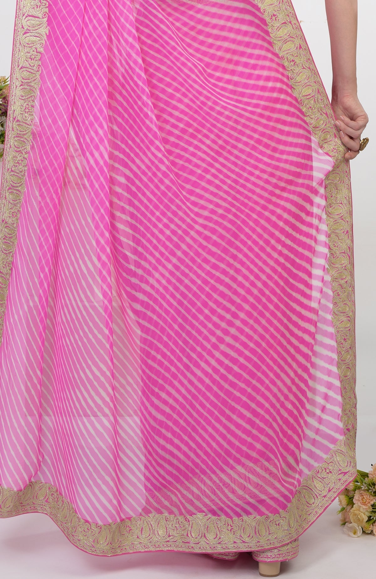 Pink Leheriya Kashmiri Paisley Tilla Aari Embroidered Saree with gold border.