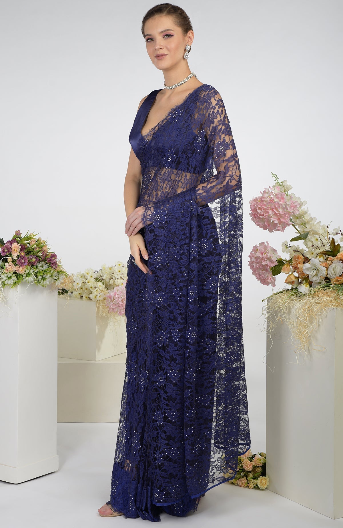 Eclipse Blue French Chantilly Lace Saree with Swarovski Crystals.