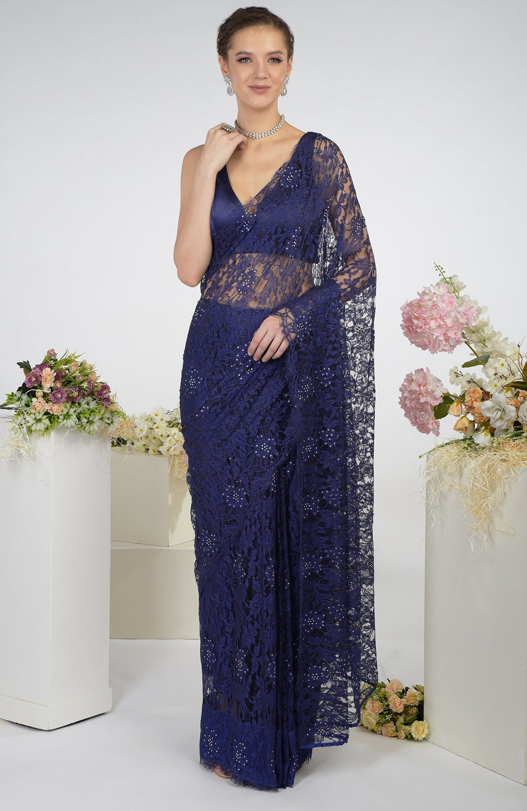Eclipse Blue French Chantilly Lace Saree with Swarovski crystals.
