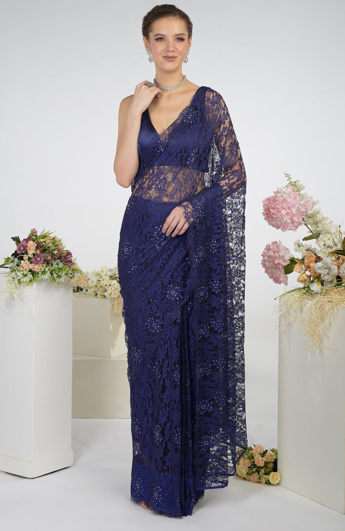 Eclipse Blue French Chantilly Lace Saree with Swarovski crystals.