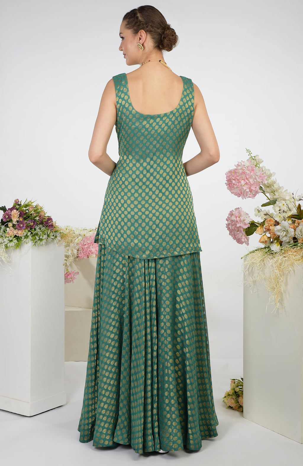 Bottle green Banarasi Zardozi Kalidaar Skirt Set with gold polka dots.