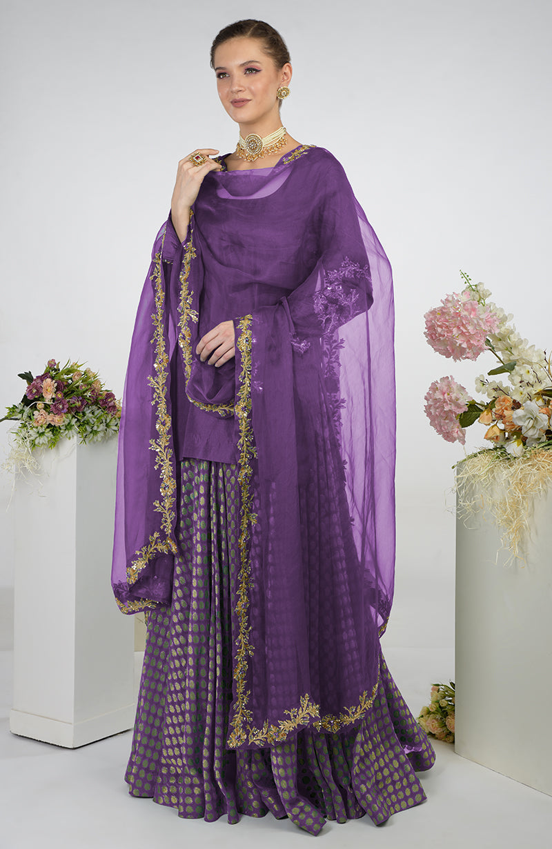 A woman models a purple and green Banarasi Zardozi Kalidaar Skirt Set.