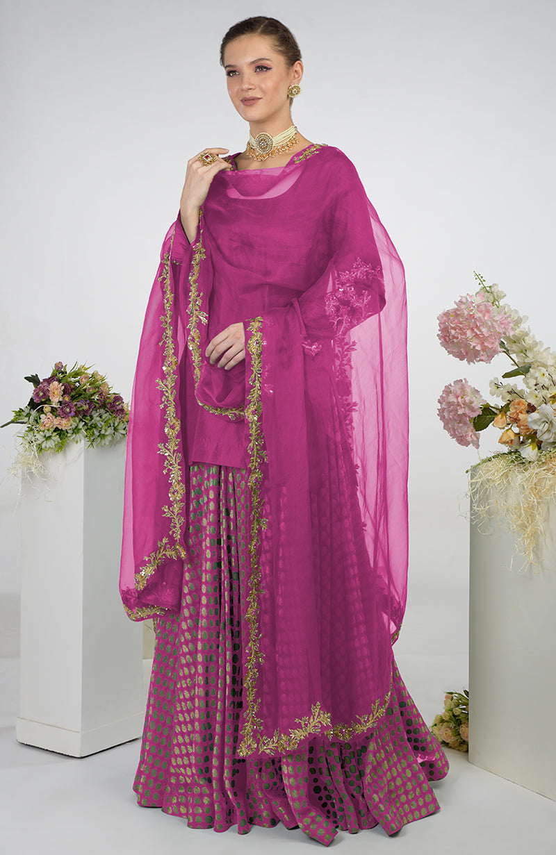 A woman models a wine Banarasi zardozi kalidaar skirt set with a short tunic.
