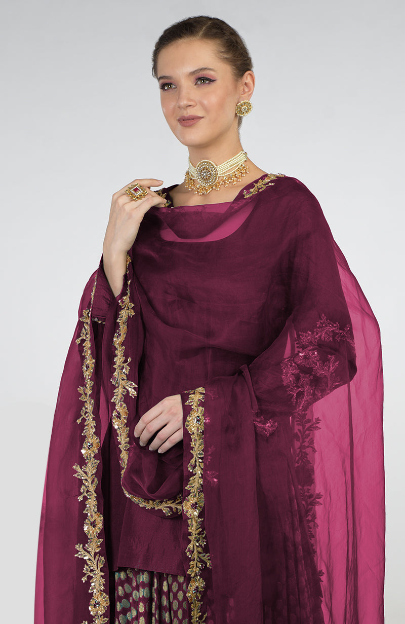 A woman models a wine Banarasi Zardozi Kalidaar Skirt Set with intricate gold embroidery.