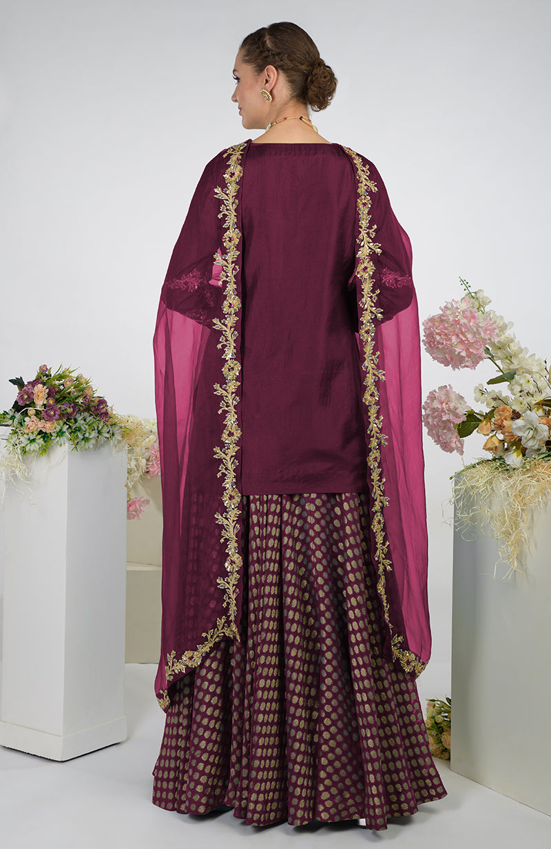 A woman from behind wears a wine-colored Banarasi Zardozi Kalidaar skirt set.