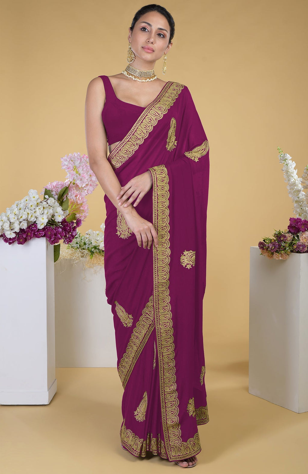 Peacock pink-gold Kashmiri tilla aari embroidered saree with matching blouse.