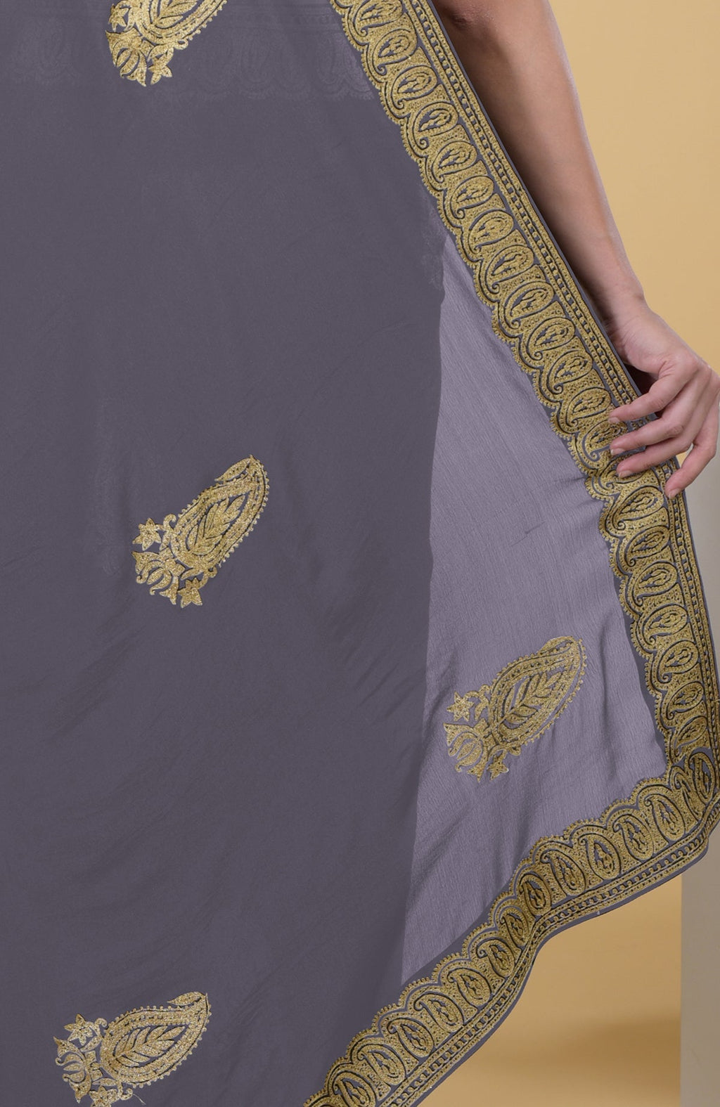 Pewter-gold Kashmiri Tilla Aari embroidered saree with paisley motifs and border.