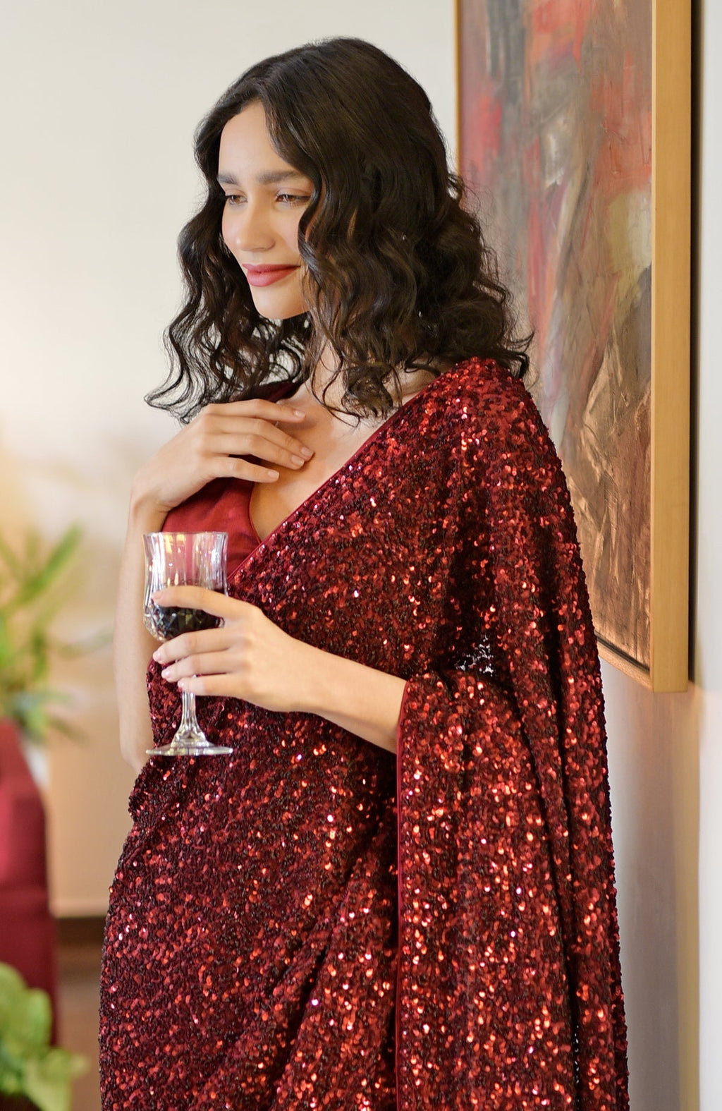 Red silk chiffon saree with hand-embroidered red dahlia sequin floral borders and satin blouse