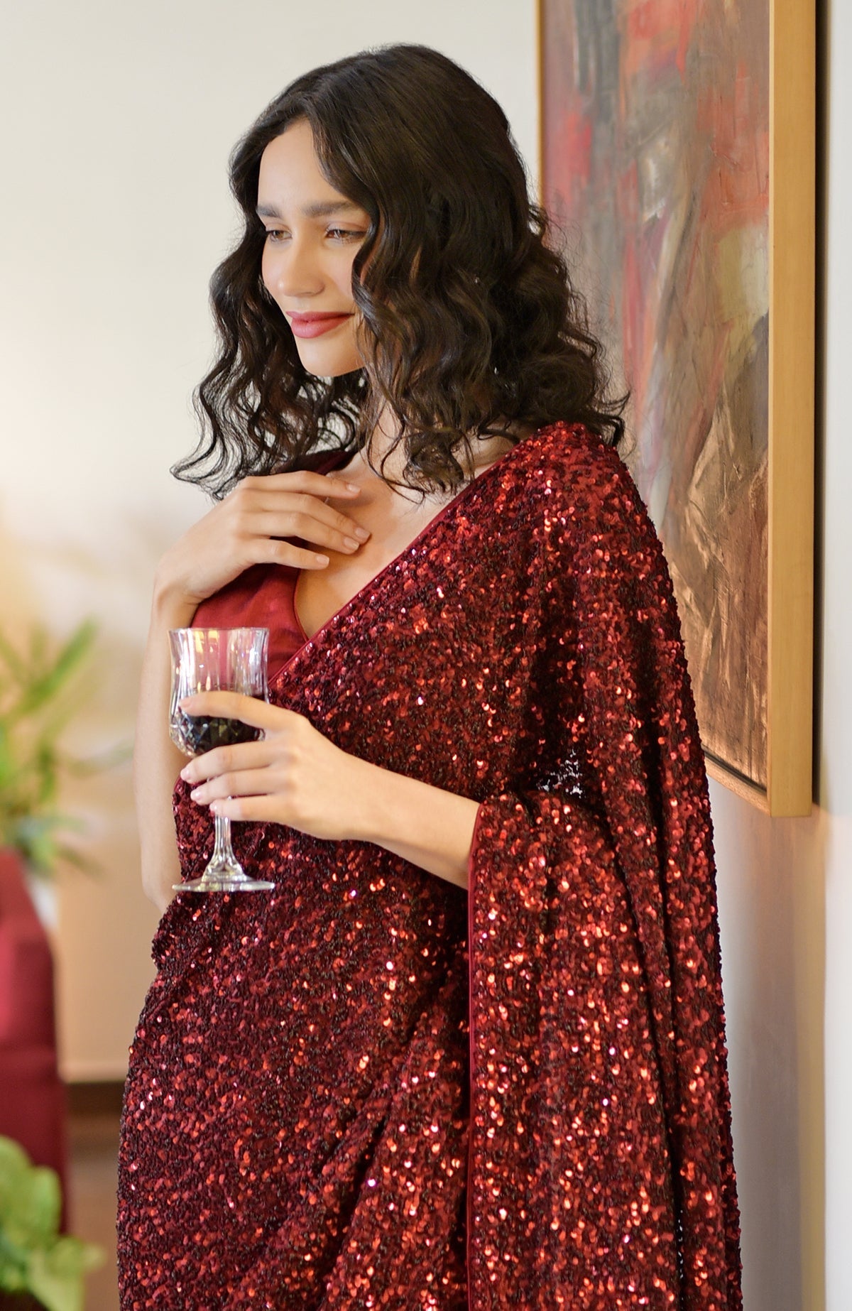 Red silk chiffon saree with hand-embroidered red dahlia sequin floral borders and satin blouse