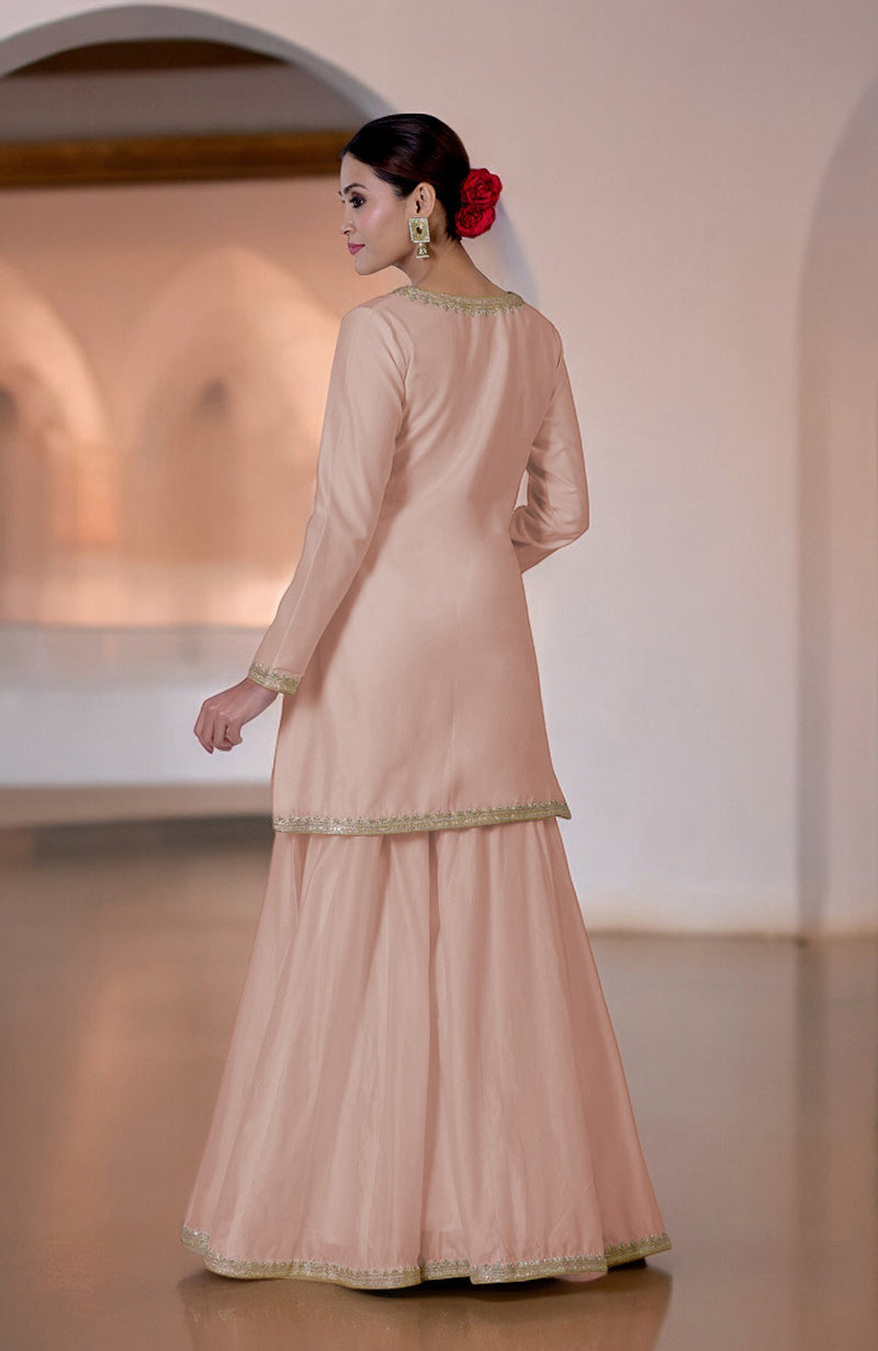 An Oyster Pink Marori & Zardozi Hand Embroidered Sharara Set.
