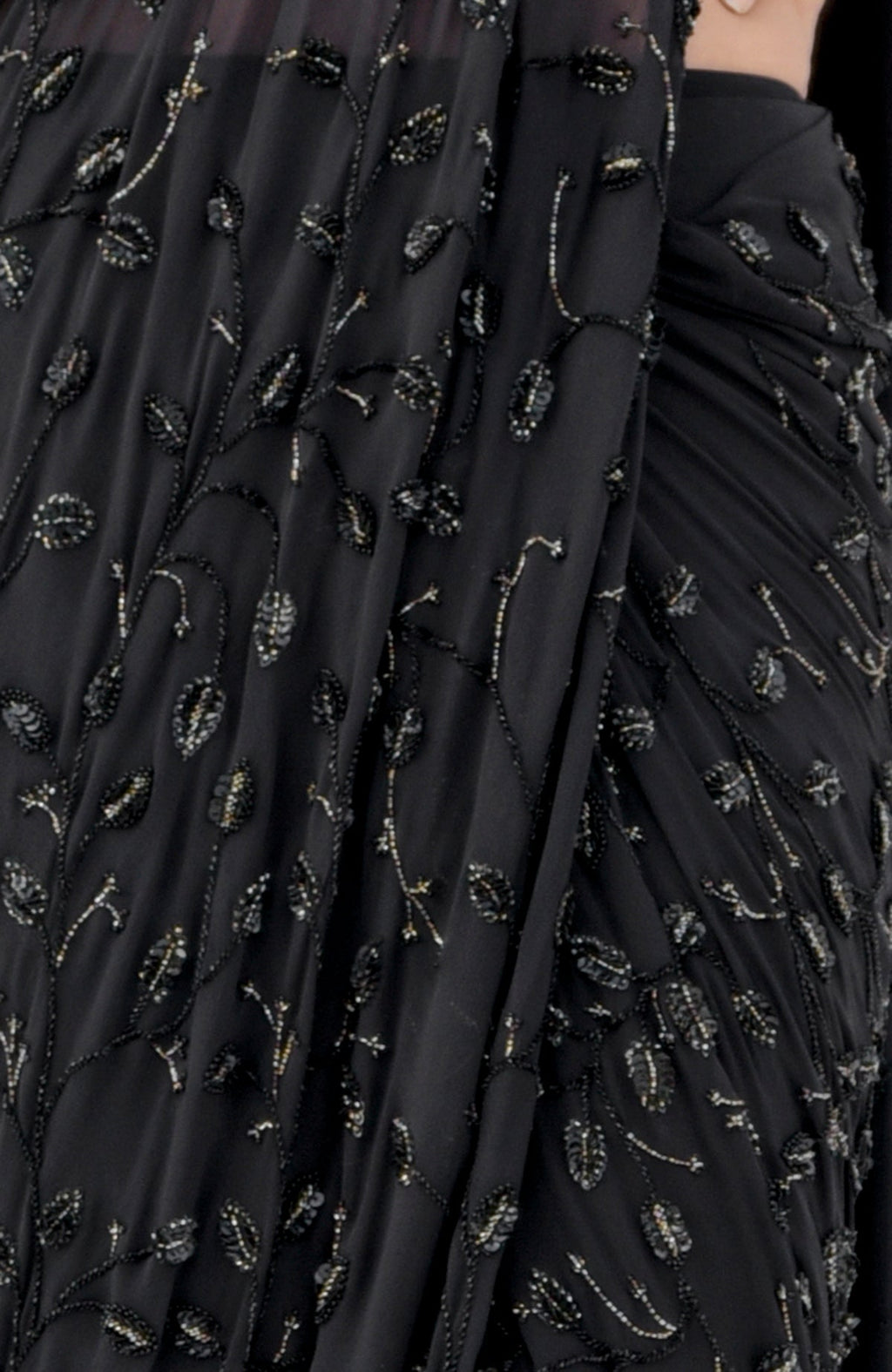 Black gown saree with hand bead floral embroidery and pleated draped pallav on silk georgette.
