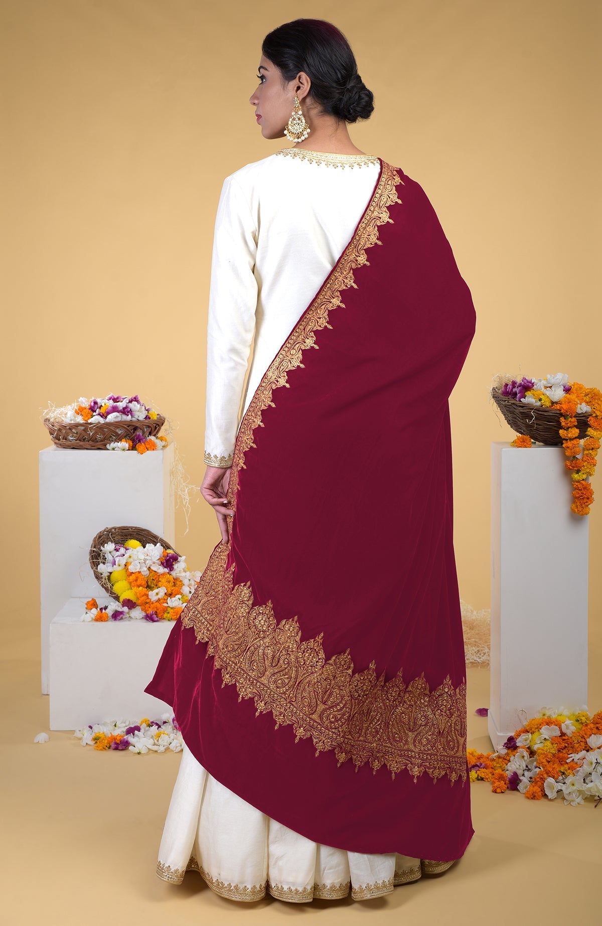Claret Kashmiri Tilla Embroidered Dupatta Shawl draped over a white outfit.