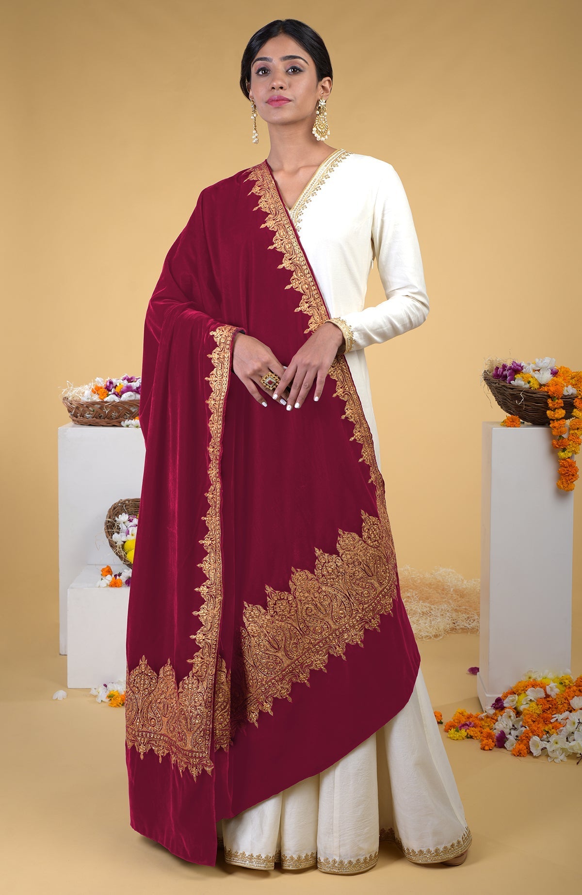 Claret Kashmiri Tilla Embroidered Dupatta Shawl in silk velvet with gold embroidery.