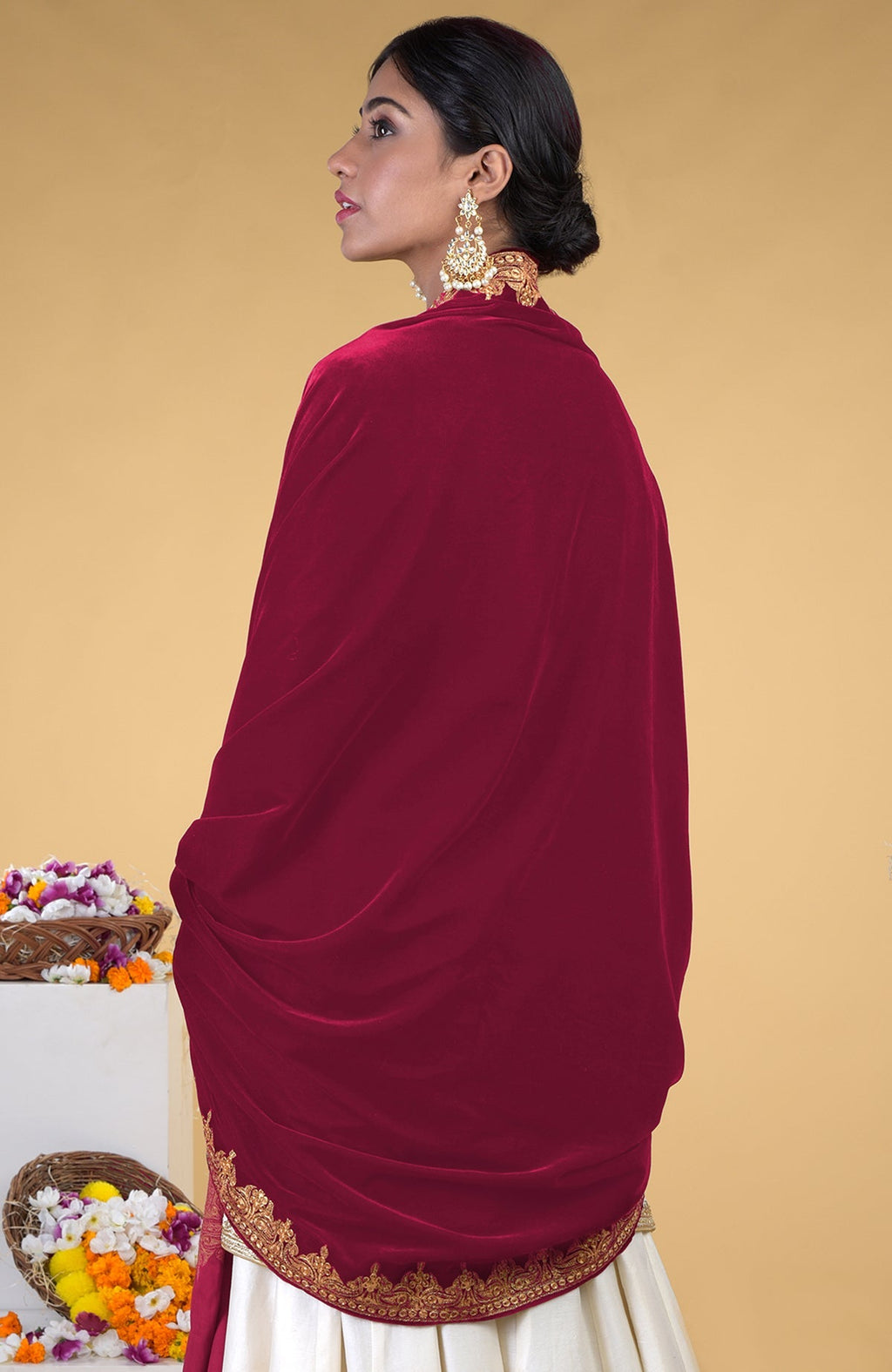 Claret Kashmiri Tilla Embroidered Dupatta Shawl draped over a woman.