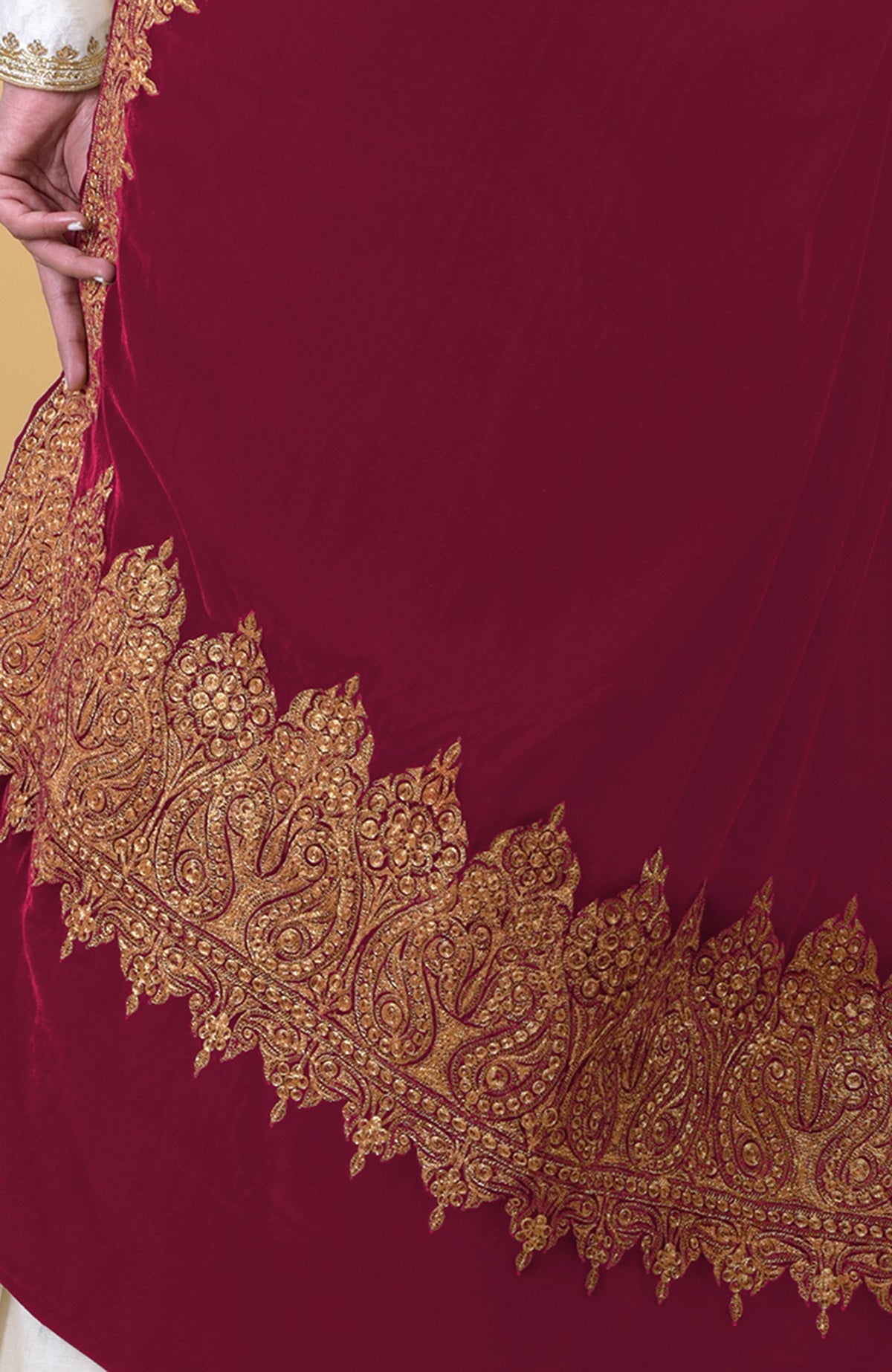 Claret silk velvet dupatta shawl with intricate gold Kashmiri tilla embroidery.