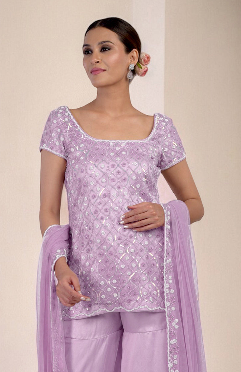 Lilac silk organza hand-beaded sharara set with a matching dupatta.