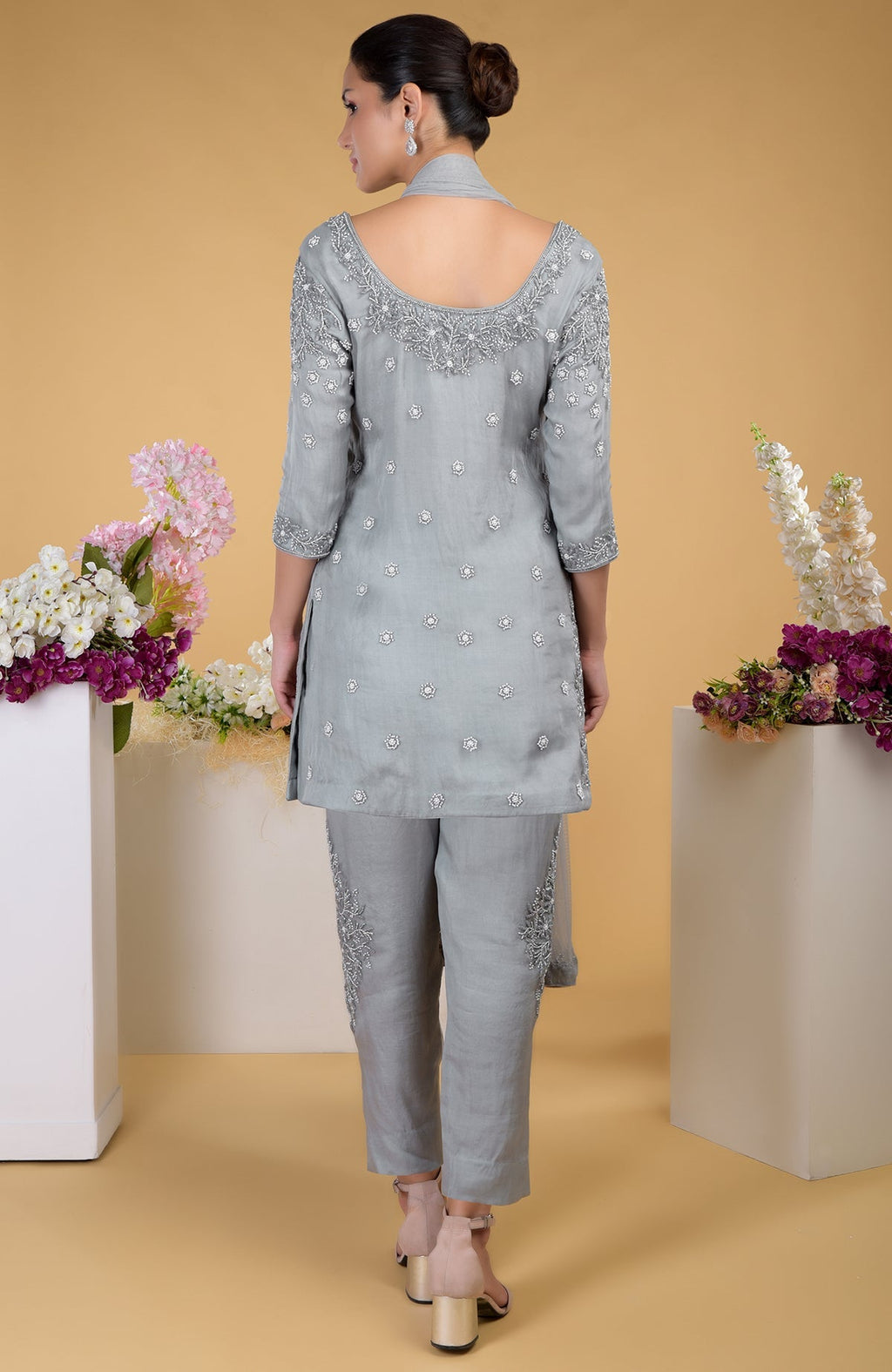 Grey silk organza hand embroidered kurta set with pearl floral motifs.