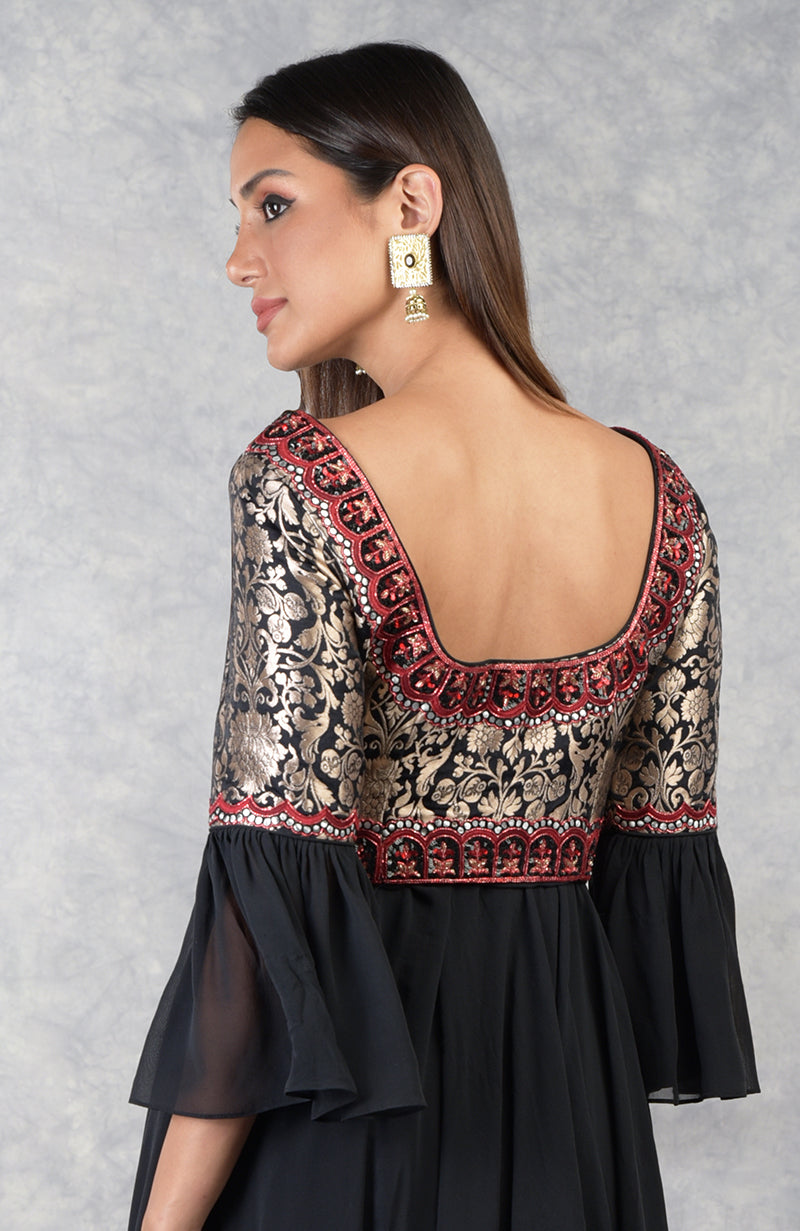 Black Anarkali set with gold brocade yoke and intricate black and red bead embroidery