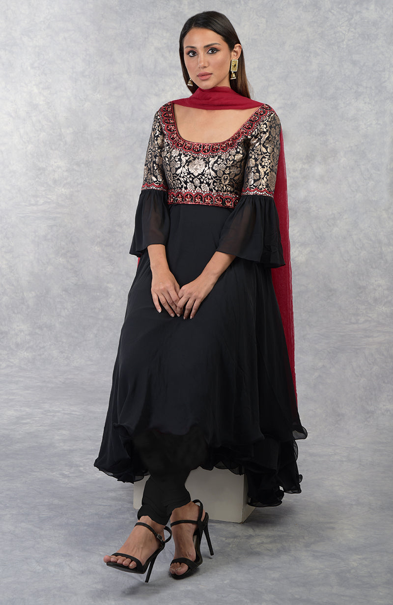 Black Anarkali set with gold brocade yoke and intricate black and red bead embroidery