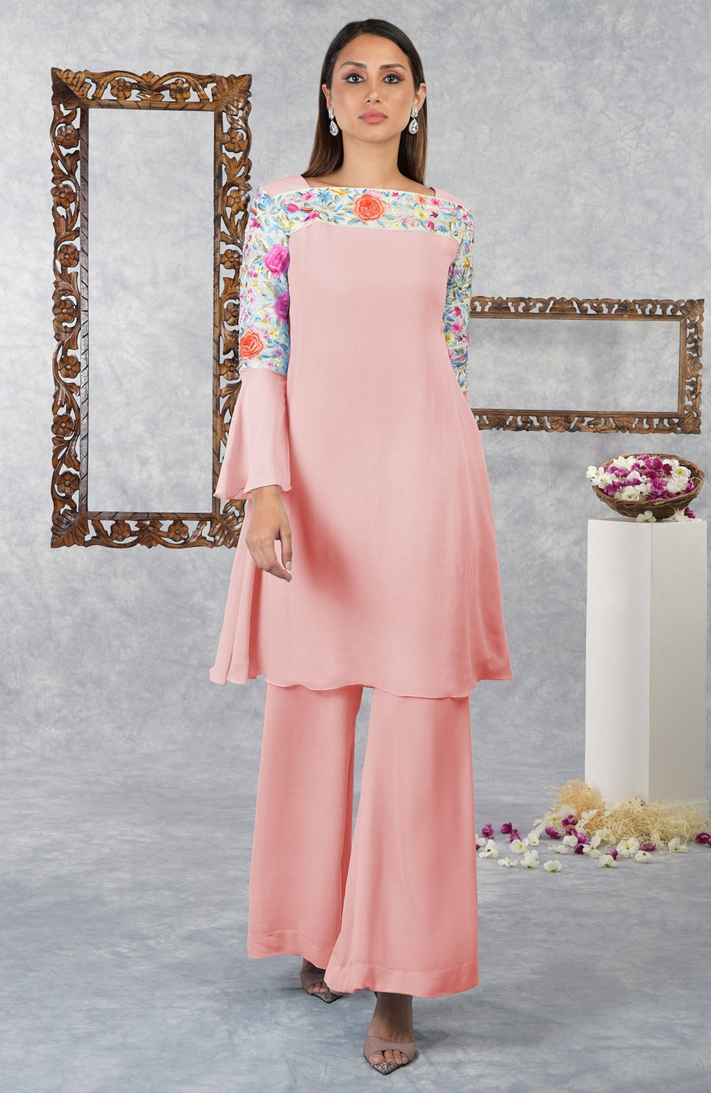 Impatiens pink Parsi Gara embroidered kurta set with bell sleeves and sharara pants.