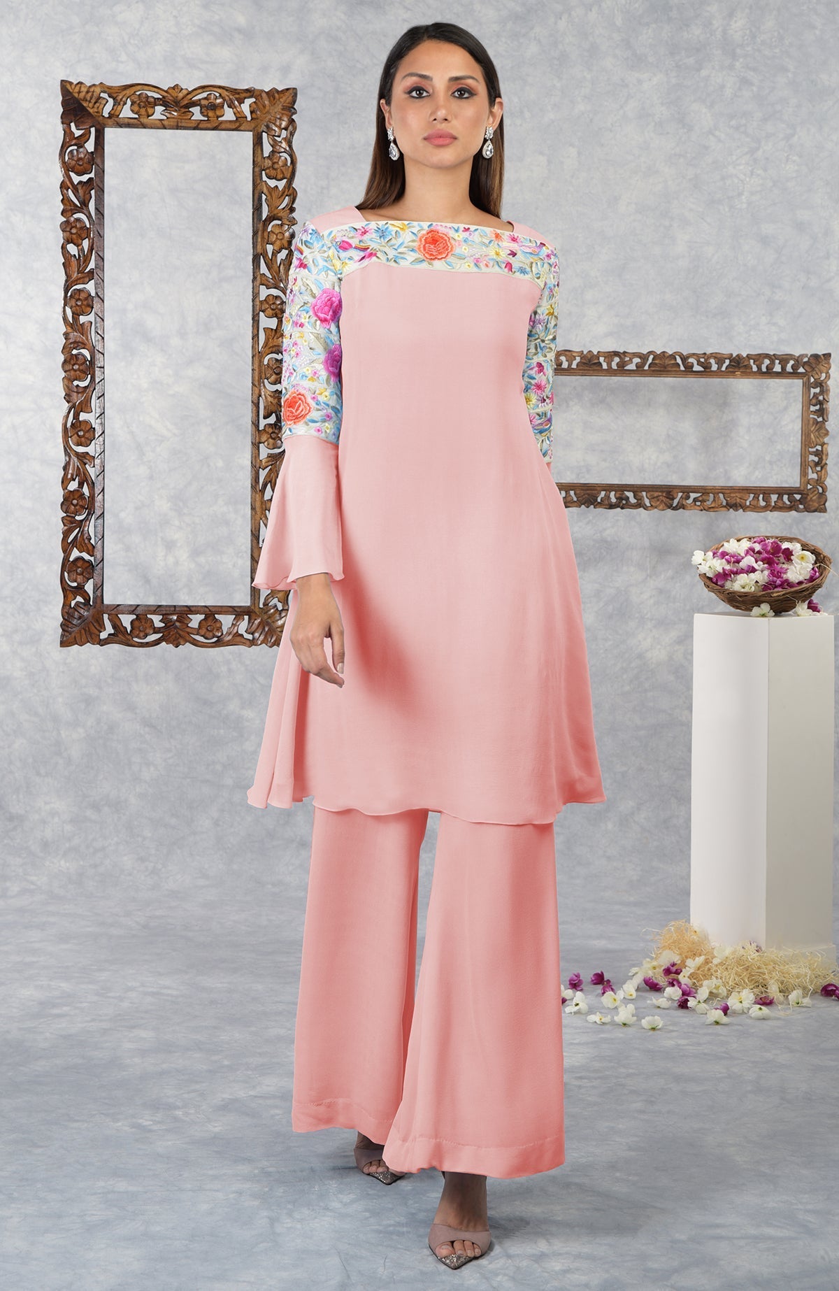 Impatiens pink Parsi Gara embroidered kurta set with bell sleeves and sharara pants.