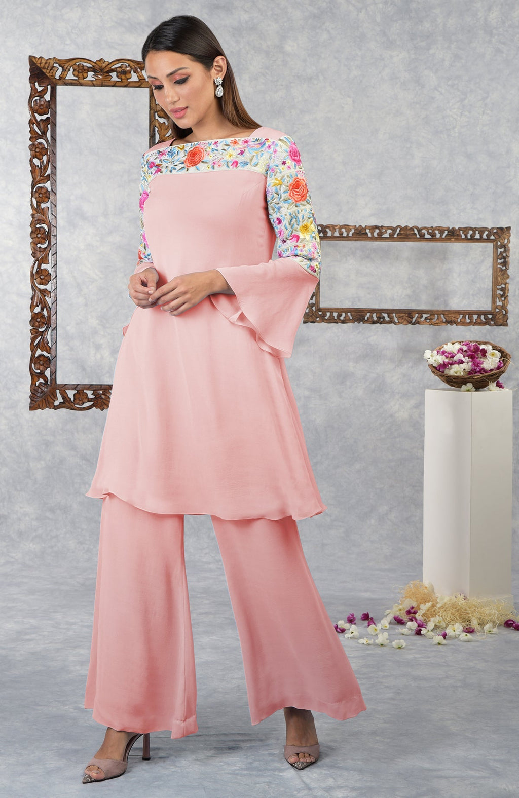 Impatiens pink Parsi Gara embroidered kurta set with floral details.