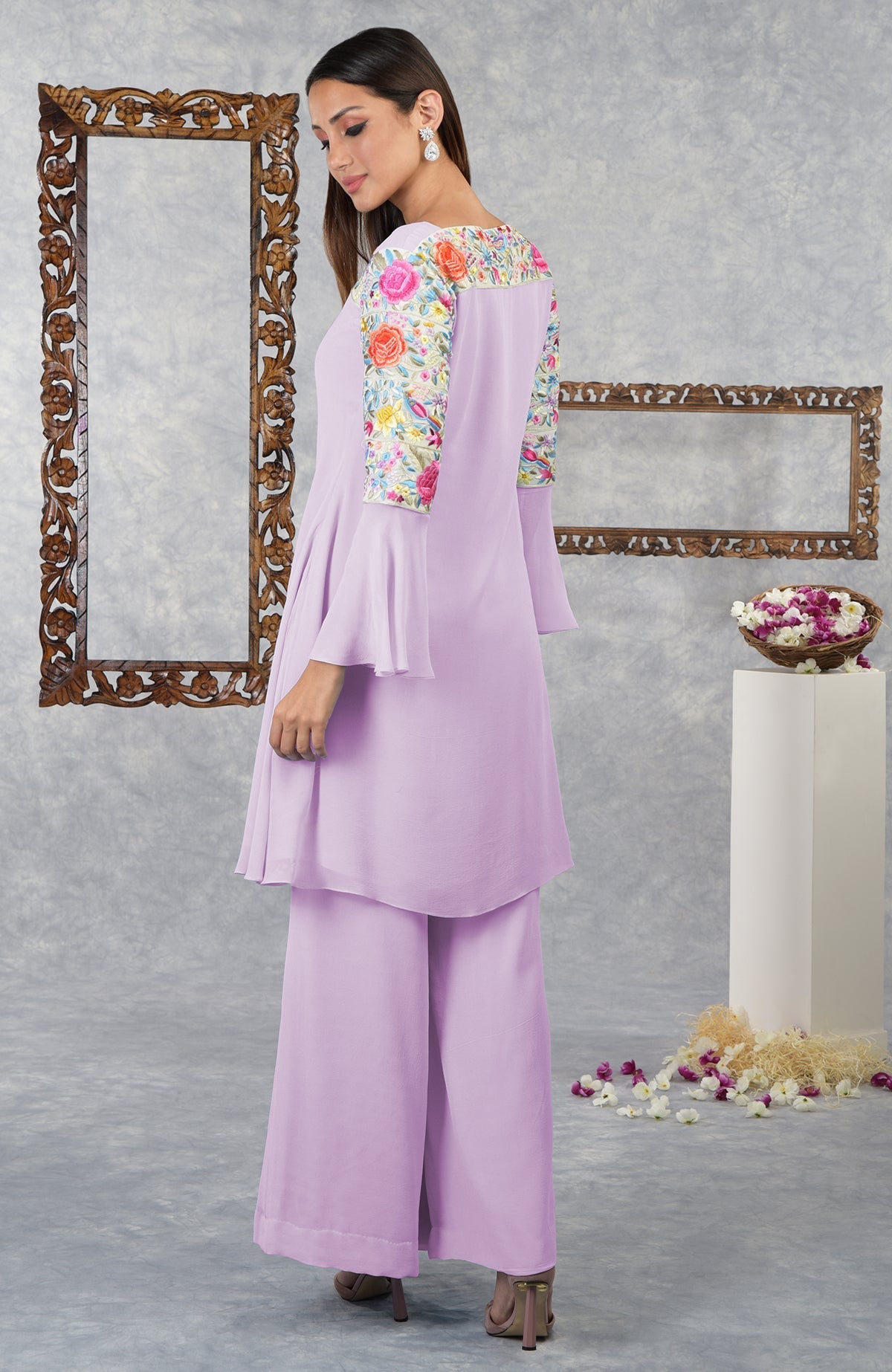 Lilac Parsi Gara embroidered kurta set with bell sleeves and palazzo pants.