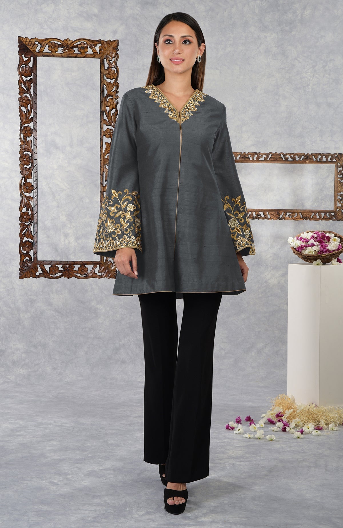 Mood Indigo Raw Silk Hand Embroidered Jacket with High Waisted Flared Pants.