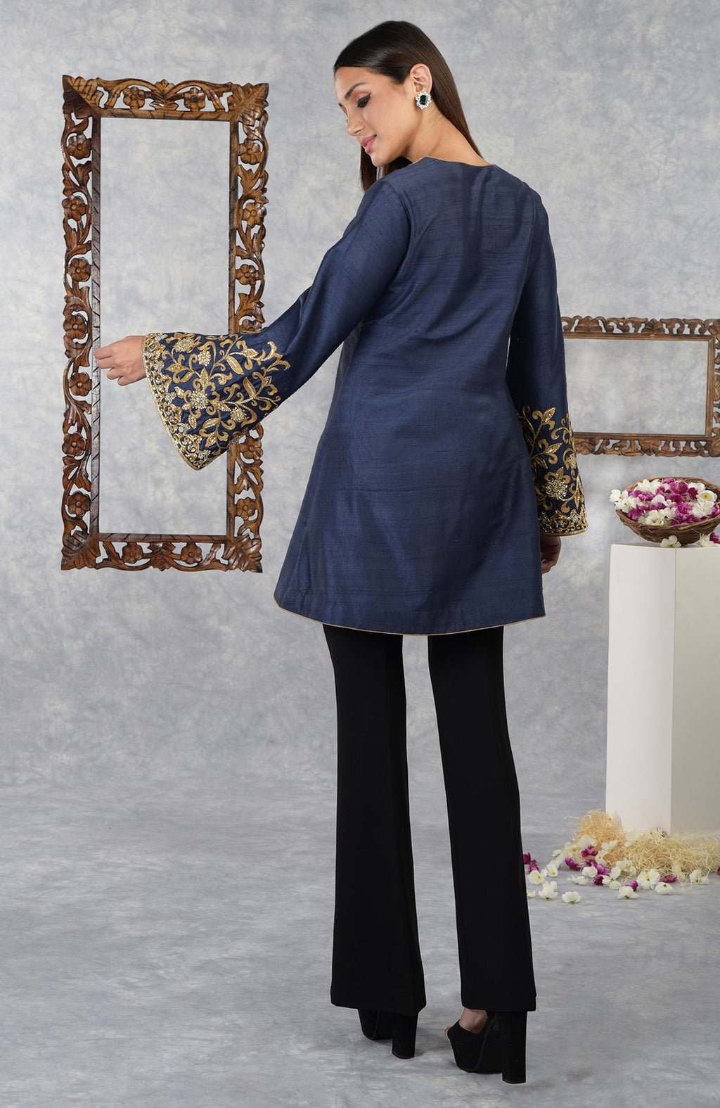 Mood Indigo Raw Silk Hand Embroidered Jacket with gold embroidery.