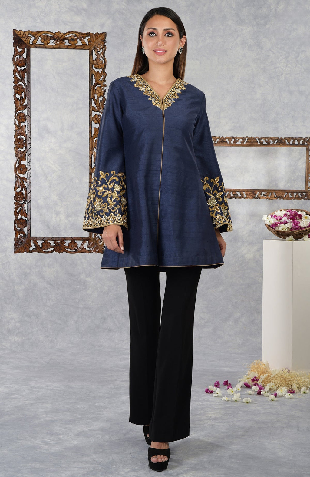 Mood Indigo Raw Silk Hand Embroidered Jacket with gold embroidery.