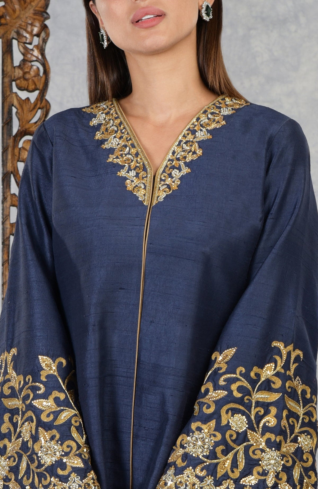 Mood Indigo Raw Silk Hand Embroidered Jacket with gold embroidery.