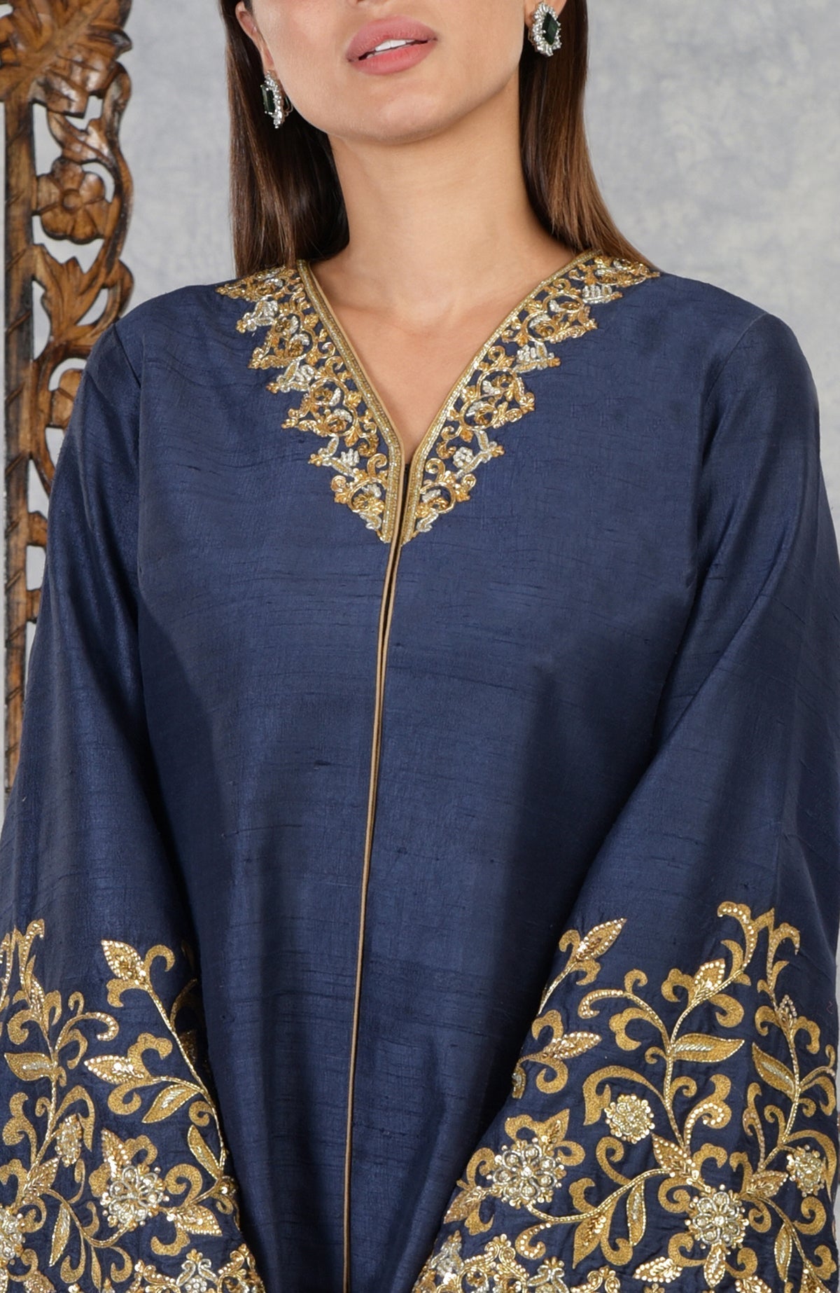 Mood Indigo Raw Silk Hand Embroidered Jacket with gold embroidery.